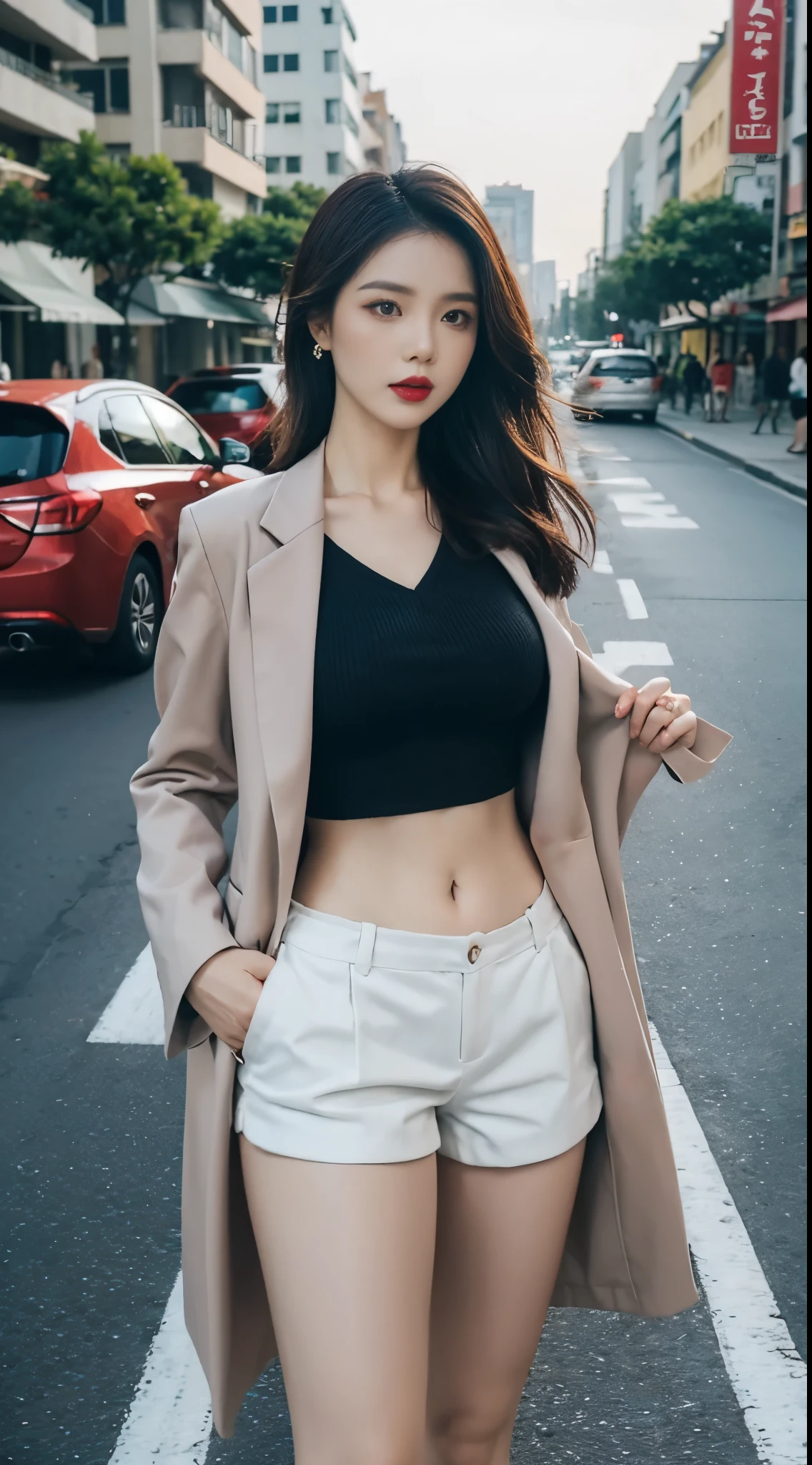 Beautiful Girl, makeup, Red lips, big breasts, medium body, thigh, trang phục thời trang đường phố, áo trễ vai, open-tummy coat, Tight shorts, style streel, streetscape, phương tiện traffic, traffic,