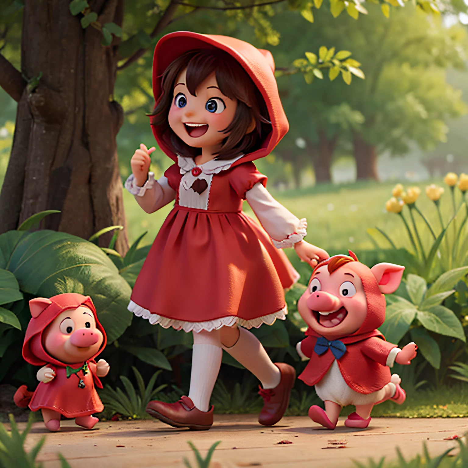 Little Red Riding Hood and Piglet smiling together