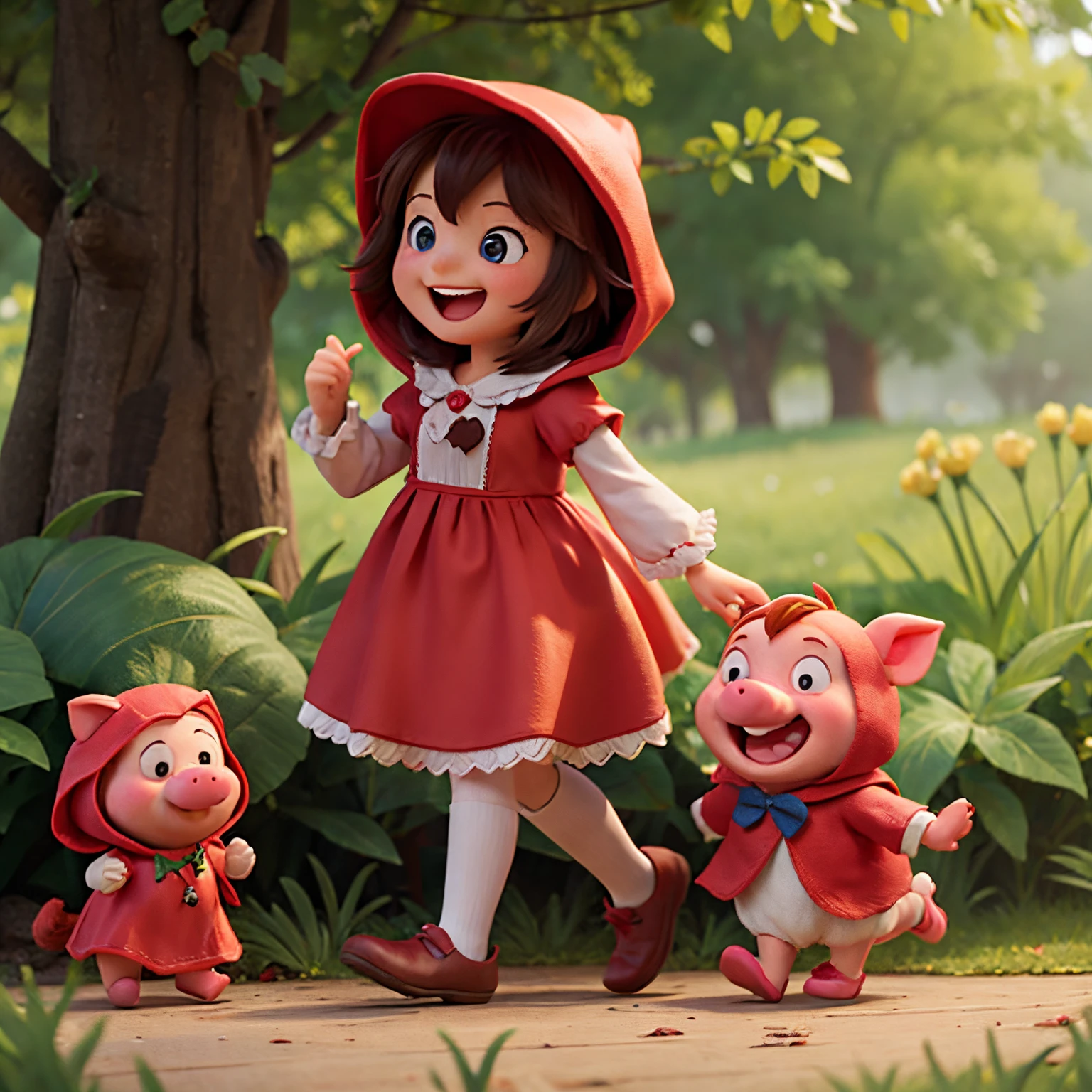 Little Red Riding Hood Girl and Piglet Laughing Together