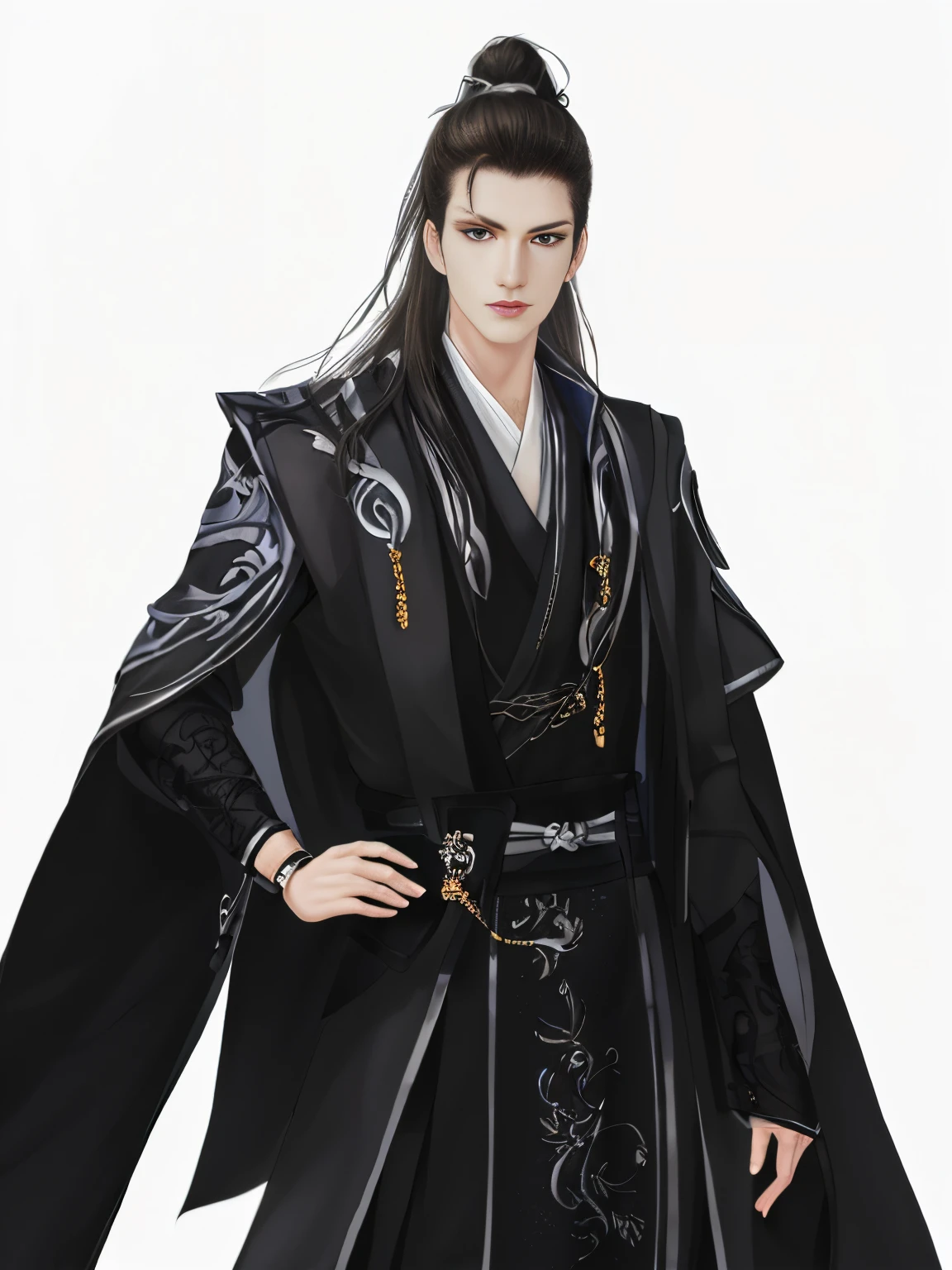 Best quality,tmasterpiece,very detailed wallpaper,1 domineering man,cabelos preto and longolackn clothes,Ranger,Detailed faces,Hua looked at the audience,Hanfu,超高分辨率, white backgrounid,correct hand,fix the hand