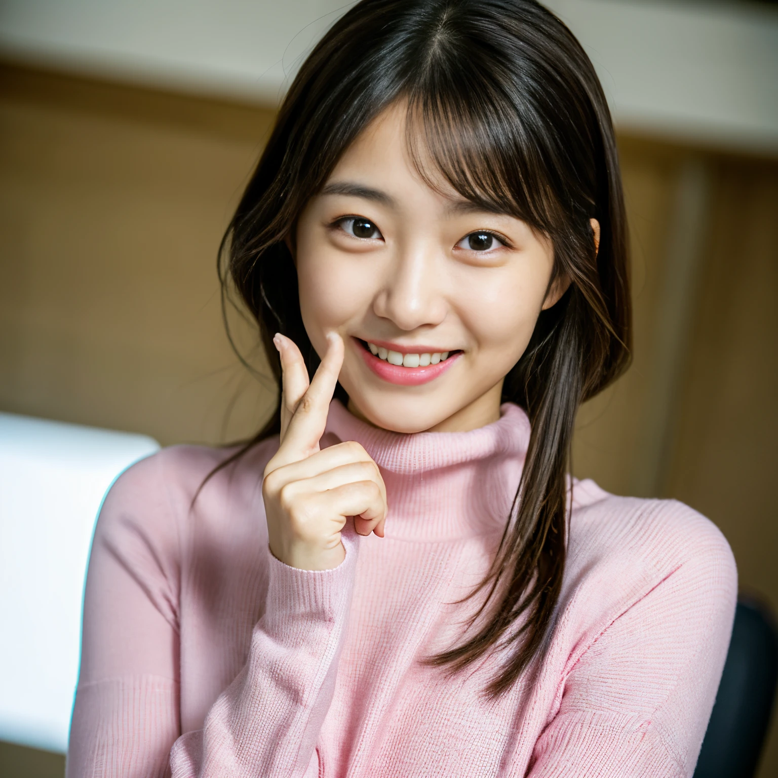 Best-quality, Masterpiece, Ultra-High-Resolution, (Photorealistic:1.4), Raw-Photo, Extremely-Details, Perfect-Anatomy, 1girl, 18-years-old, the most popular Japanese idol, at hospital, grinning, ((only her right fingers completely covering by white medical bandages, detailed white medical bandages)), wearing pink turtleneck long-sleeve sweater, extremely cute grinning face, extremely beautiful big black solid circle eyes, extremely beautiful hair, extremely beautiful white skins, portrait, detailed cute grinning face, detailed hospital
