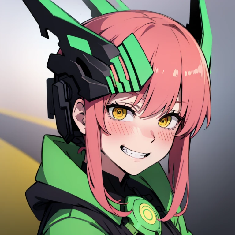 anime girl, neon green, open helmet, yellow eyes, devilsh smile, grin, blush,