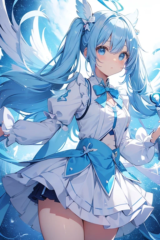 Cute light blue magical girl,Half Twin Tail,Light blue hair,Light blue heart ribbon on the chest,light blue heart-shaped stick,kirakira,Flying in the sky,Fluffy mini skirt,fluffy panniers,A lot of feathers are flying,