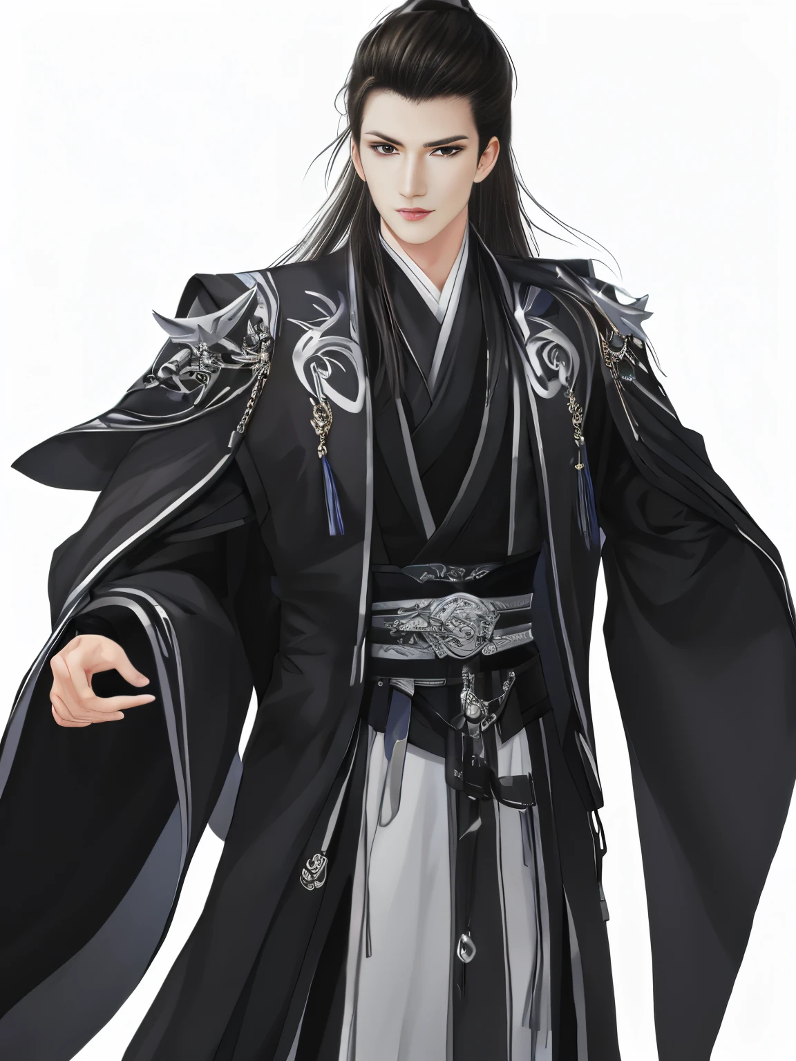 Best quality,tmasterpiece,very detailed wallpaper,1 domineering man,cabelos preto and longolackn clothes,Ranger,Detailed faces,Hua looked at the audience,Hanfu,超高分辨率, white backgrounid,correct hand,fix the hand