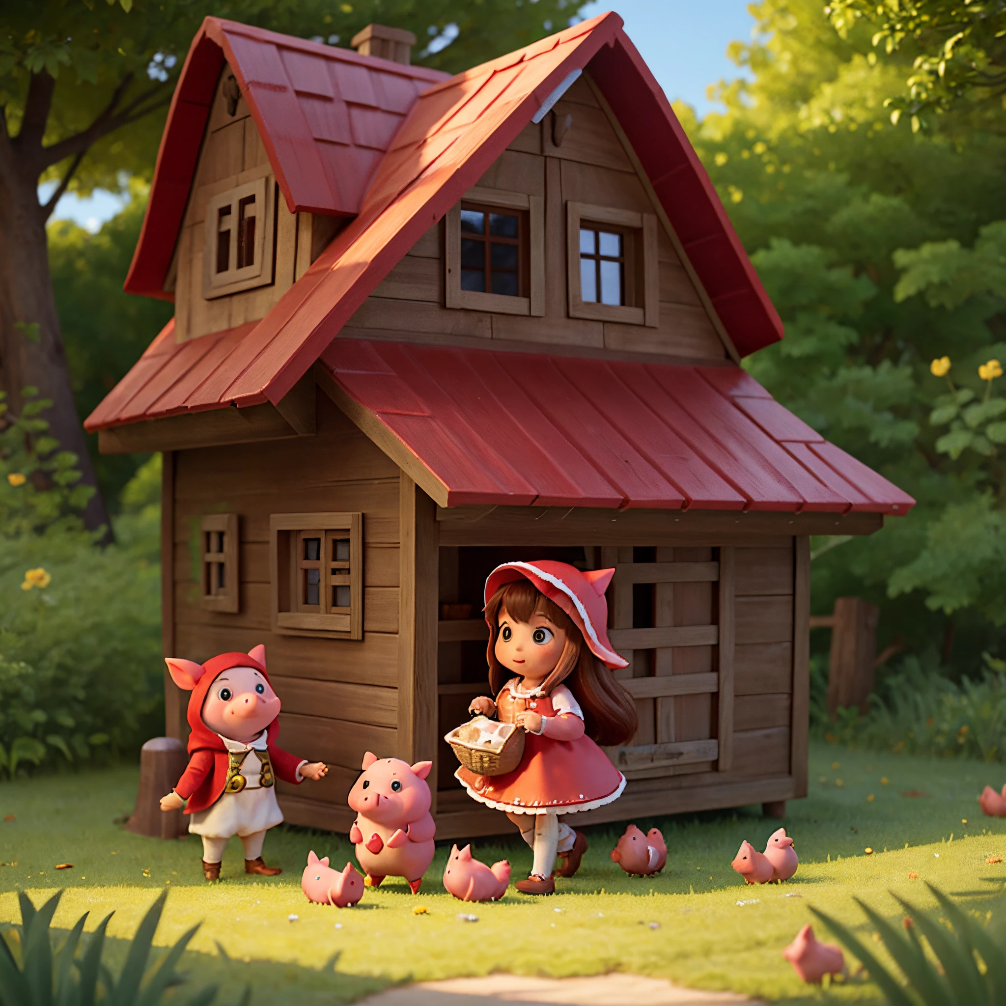 Little Red Riding Hood Girl, chick, A house where pigs live together