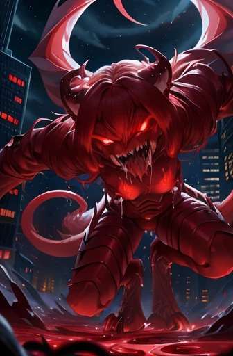 women, red head, night, (mouth open), (teeth), snowy city, small breasts, fangs, glowing red eyes, pigtails, demonic bodysuit, ((visible ribcage)), ((long demonic claws)), digitigrade legs, ((drooling red liquid)), furry tail,
