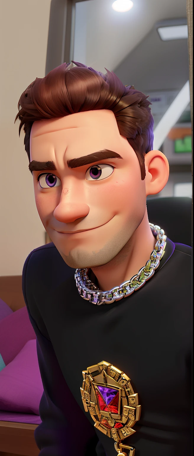 man, from the front, pixer style, shiny necklace, with purple background
