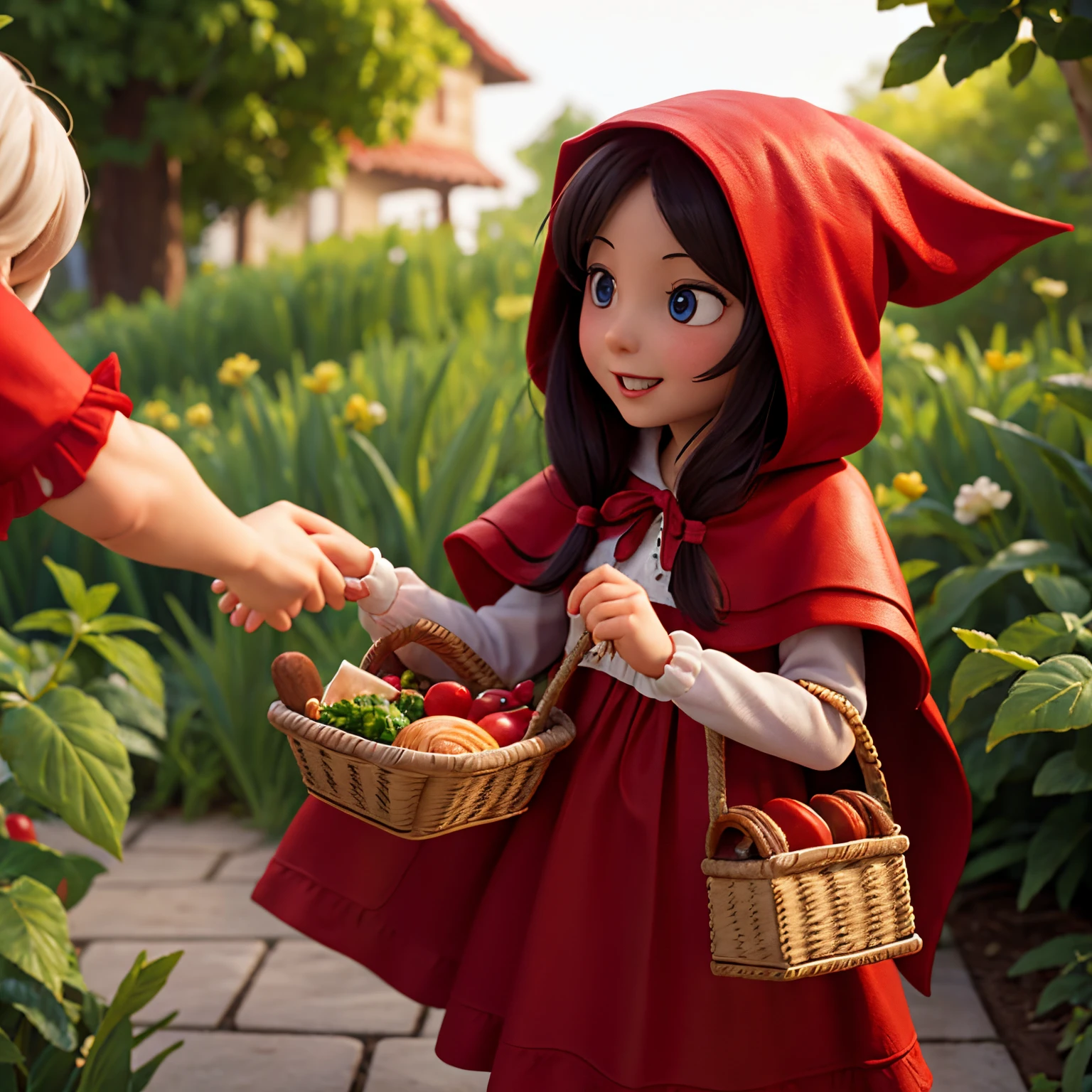 Little Red Riding Hood giving food to her grandmother