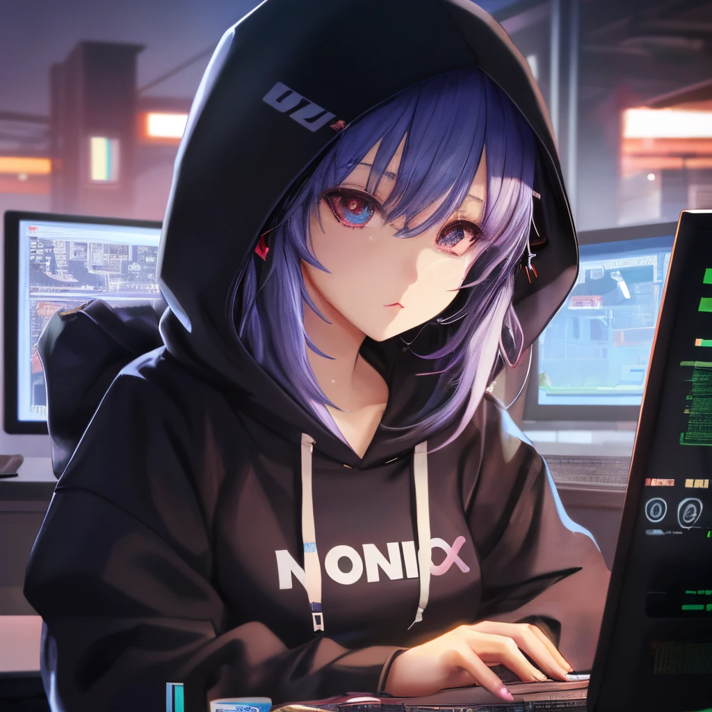 anime girl in hoodie sitting at a desk with a laptop, nft portrait, cyberpunk anime girl in hoodie, anime style 4 k, modern anime style, discord profile picture, digital cyberpunk anime art, typical cryptocurrency nerd, artwork in the style of guweiz, cyber school girl, 4k anime wallpaper, best anime 4k konachan wallpaper