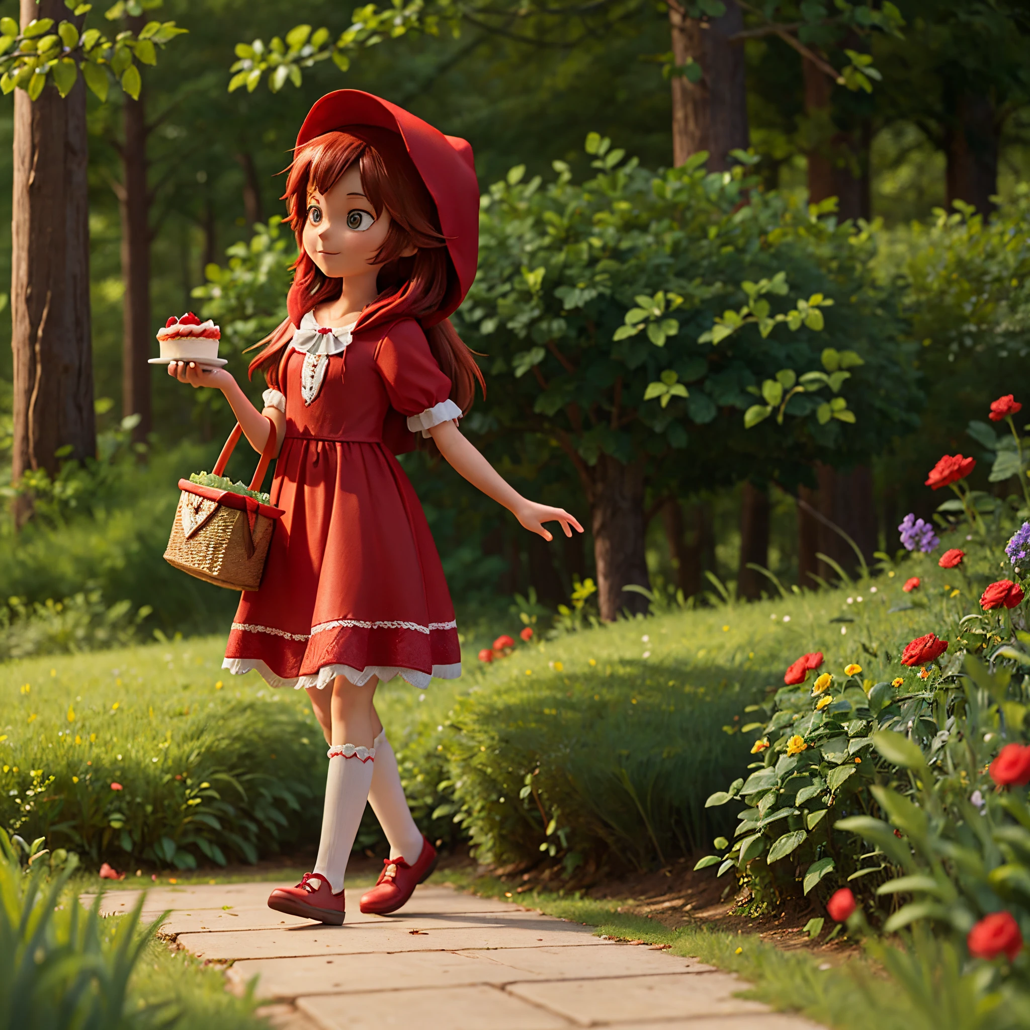 Little Red Riding Hood is going to the forest carrying cake and jam to her grandmother.. The sight of him walking with a bright expression is impressive..