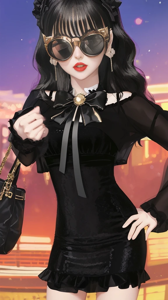 there is a woman with sunglasses and a black dress posing for a picture, wearing victorian dark goggles, wearing dark victorian goggles, imvu, inspired by Sim Sa-jeong, second life avatar, !!wearing modern glasses!!, wearing victorian goggles, wearing glack glasses, portrait c 1 2. 0, portrait c 12.0, full body!! maximalist details