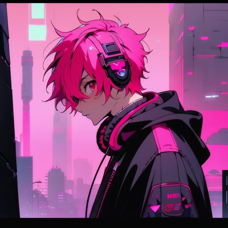 (short-cut), (Two-block hair), (vivid pink hair), (male character), (Red Eyes), (Cool pose), (of the highest quality), (​masterpiece), (ultra-detailliert), (Oversized hoodies), (headphones), (Street), (neons), (Camera from a down angle), (Modern City), (Neon Daylight), (Cinematic), (Stylish), (hight resolution), (Hyper Detailed), (Looking at the camera), (Anime-style), (Softtown), (nightcore), (a handsome man), (Listening to music), (natural appearance of the building), (casual), (ig studios anime style), (The body is facing the viewer), (Digital Art of Cyberpunk Anime),