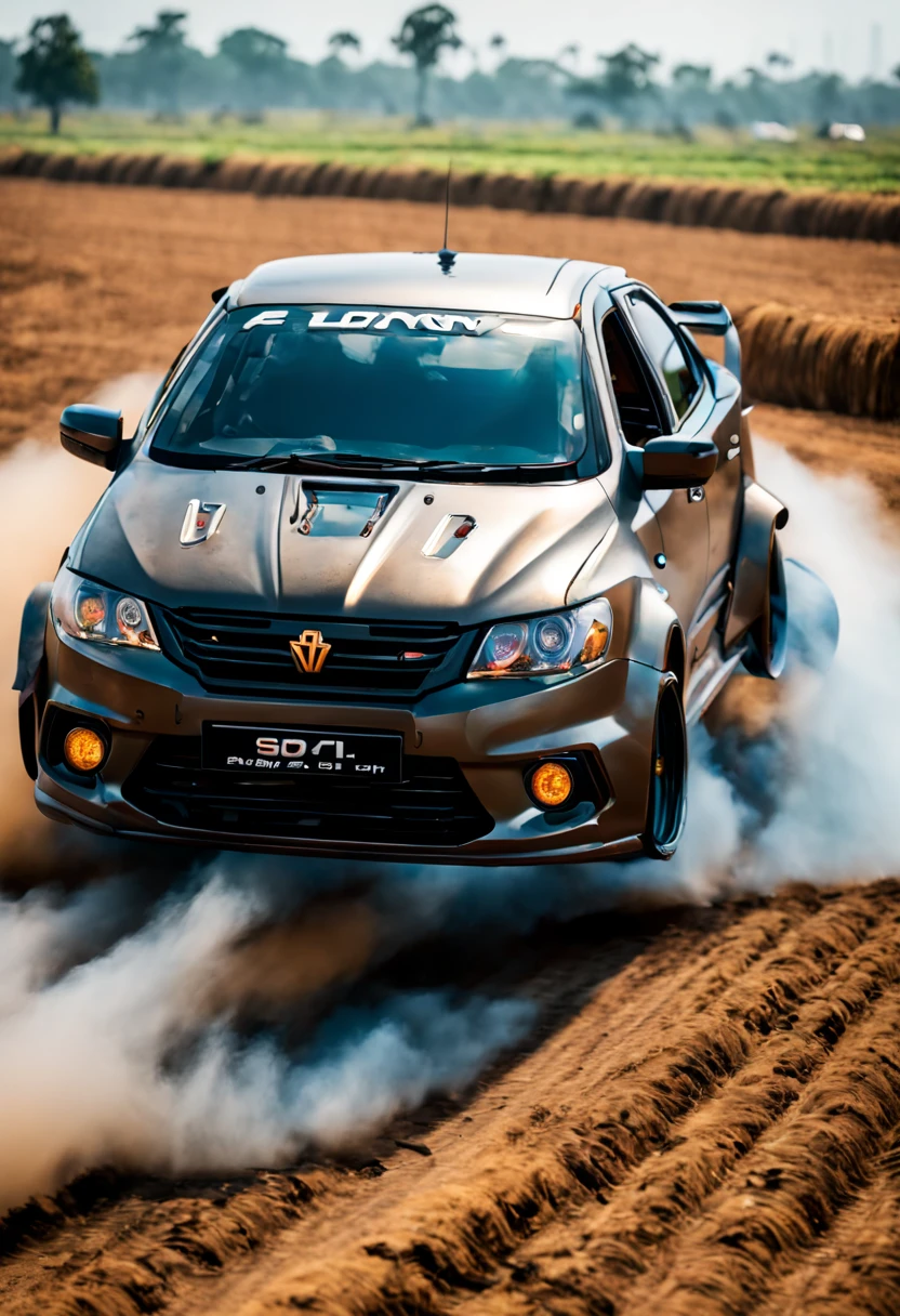 A Close Up Shot of A Proton Saga, wide body, flushed fitment wheels, taking in (Sony A7RIII 18mm focal length), (f5.6 aperture), (1/80 shutter speed), (bokeh), dusty winding roads, paddy fields, motion blur, unobtrusive, realistic, details sky, majestic, 8K HD, Cinematic, Dynamic angles