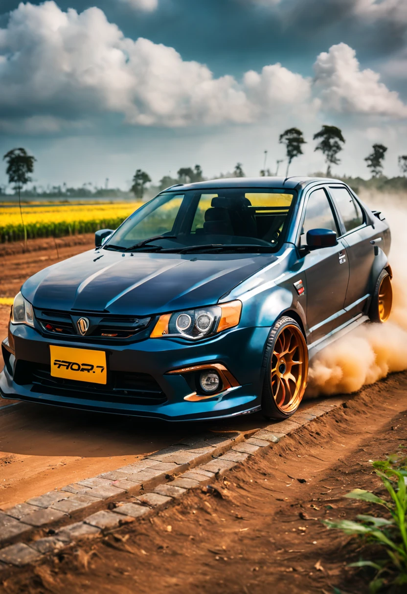 A Close Up Shot of A Proton Saga, wide body, flushed fitment wheels, taking in (Sony A7RIII 18mm focal length), (f5.6 aperture), (1/80 shutter speed), (bokeh), dusty winding roads, paddy fields, motion blur, unobtrusive, realistic, details sky, majestic, 8K HD, Cinematic, Dynamic angles