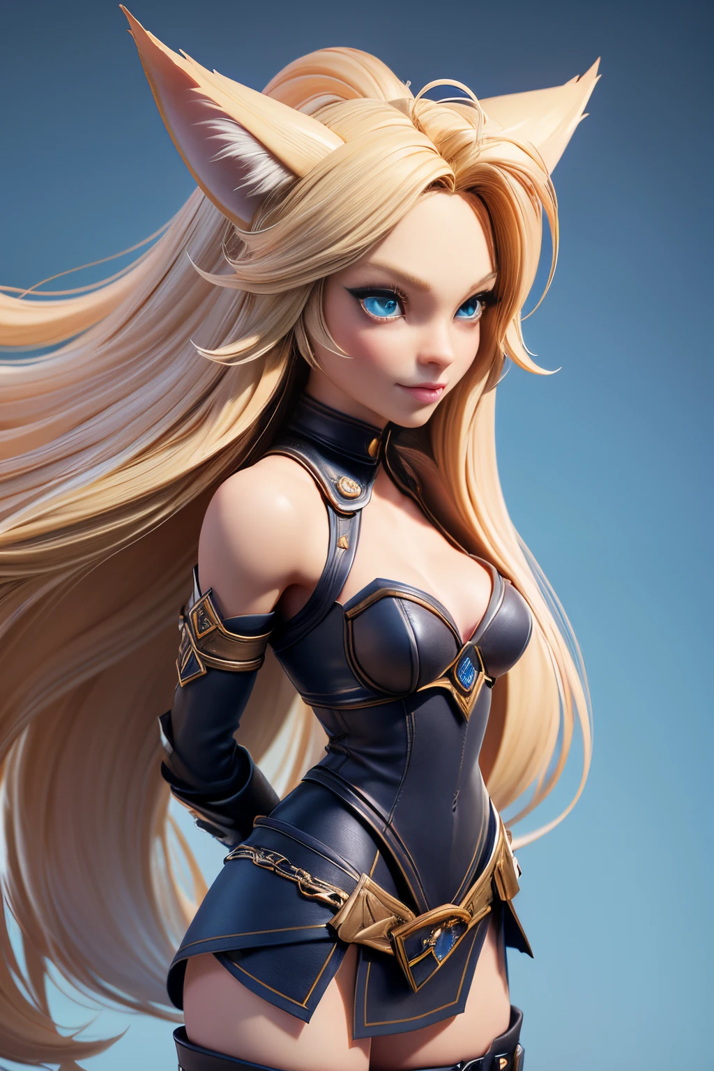 Beautiful 1girl, full body, teenager, solo, (very long waist length blonde hair, straight blonde hair: 1.28), ((light blue eyes)), clear skin, (large darker fox ears: 1.35), pale skin, medium breasts, cleavage, (thin hips, thin waist , athletic body: 1.25),  background, looking away, ((wearing leather Warcraft leather armor, leather warrior skirt, sky blue leather: 1.1), looking at viewer, (walking, arms behind back, looking up at viewer: 1.22),), on castle rooftop, masterpiece, best quality,3d rending work ,3DMM style, close-up, portrait, 3D,