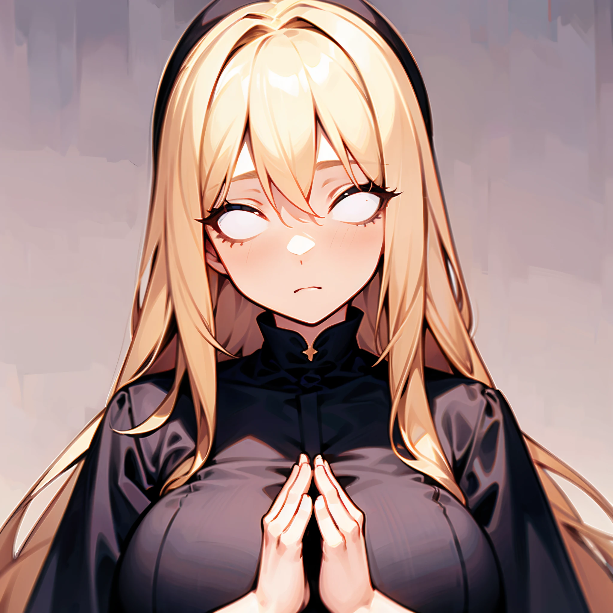 1girl, long blonde hair, white eyes, no pupils, blind, big breast, black cassock, joining hands, praying, solo, best quality, masterpiece, portrait, simple background, looking at the camera, from the front, detailed, perfect anatomy, detailed art, high definition, 4k, high resolution