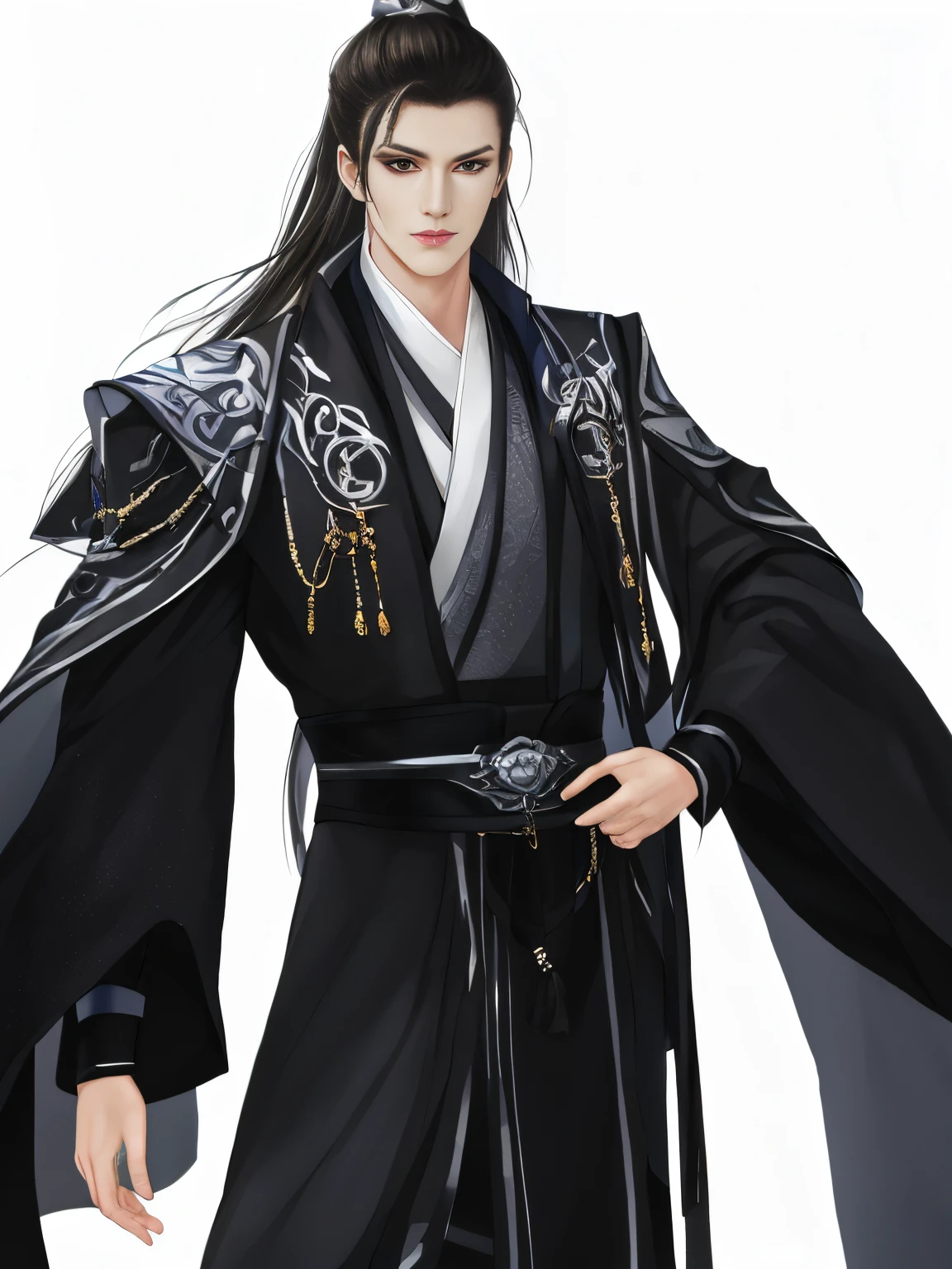 Best quality,tmasterpiece,very detailed wallpaper,1 domineering man,cabelos preto and longolackn clothes,Ranger,Detailed faces,Hua looked at the audience,Hanfu,超高分辨率, hair adornments, white backgrounid,correct hand,fix the hand