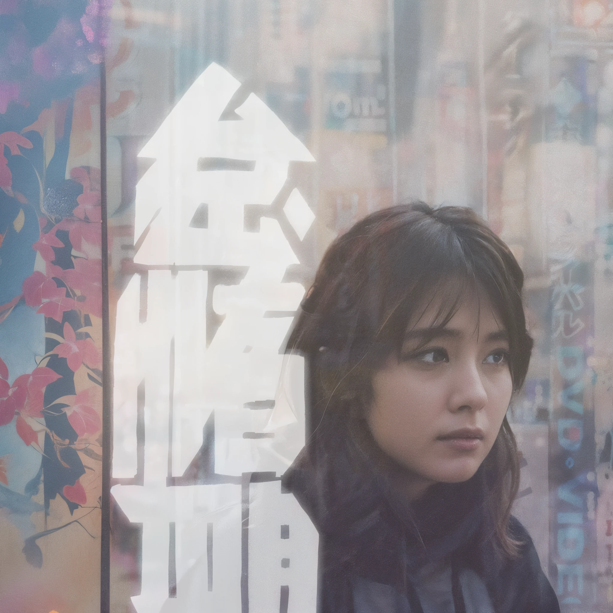 There is a poster,Above is a woman standing in front of the wall, heise-lian yan fang, Chiba Yuda, Middle Metaverse, song nan li, Movie Promotional Image, yun ling, album art cover, qiu fang, Lei Min, chiho, jia ruan, Pan Renwei style