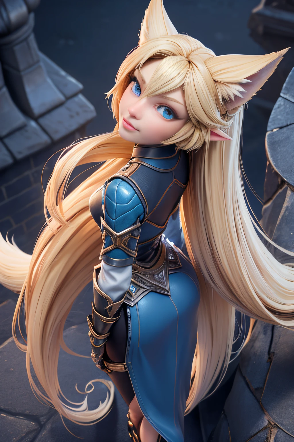 Beautiful 1girl, full body, ager, solo, (very long waist length blonde hair, straight blonde hair: 1.28), ((light blue eyes)), clear skin, (large darker fox ears: 1.35), pale skin, medium breasts, cleavage, (thin hips, thin waist , athletic body: 1.25), background, looking away, ((wearing leather Warcraft leather armor, leather warrior skirt, sky blue leather: 1.1), looking at viewer, (walking, arms behind back, looking up at viewer: 1.22),), on castle rooftop, masterpiece, best quality,3d rending work ,3DMM style, close-up, portrait, 3D,