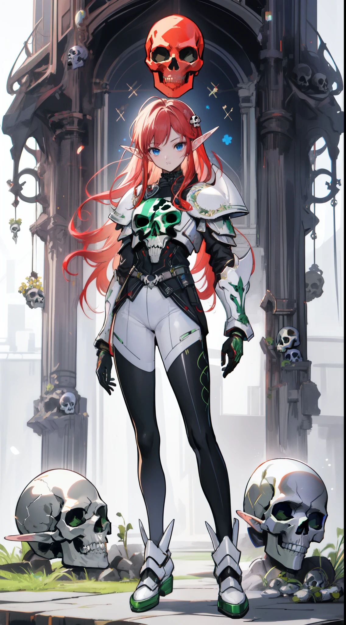 (((masterpiece, best quality))),  (elf), (1girl), solo,  Bangs,  red tinted hair，((White cyber Skull armor))，long black glovelack pantyhoses，Handsome standing with white boots, art style by Artgerm, by Kawacy, By Yusuke Murata