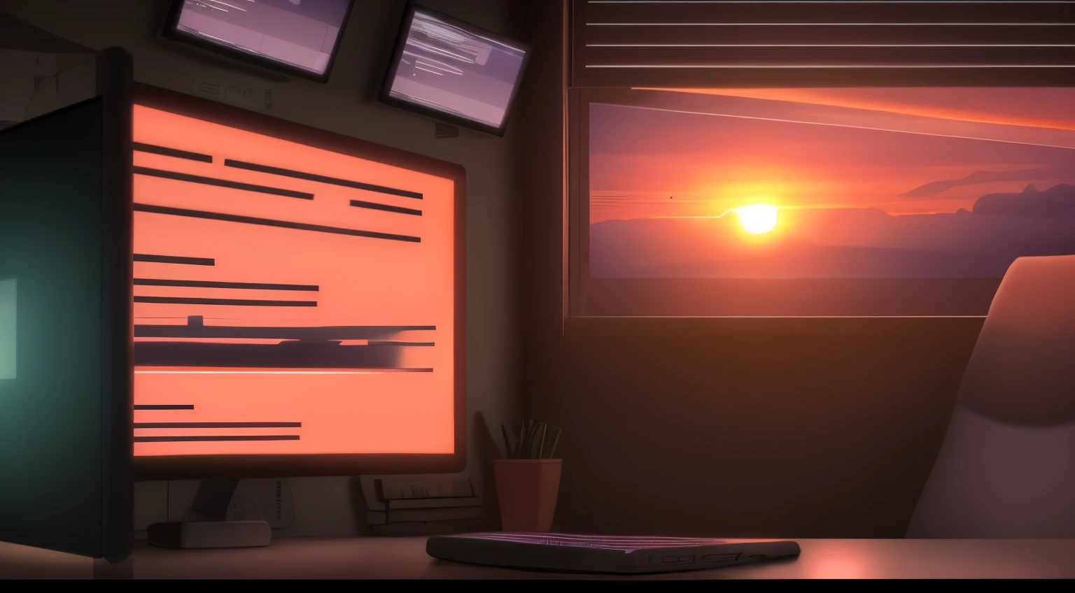 hacker's workplace, hacker's office. There is a window, outside the window there is sunset.