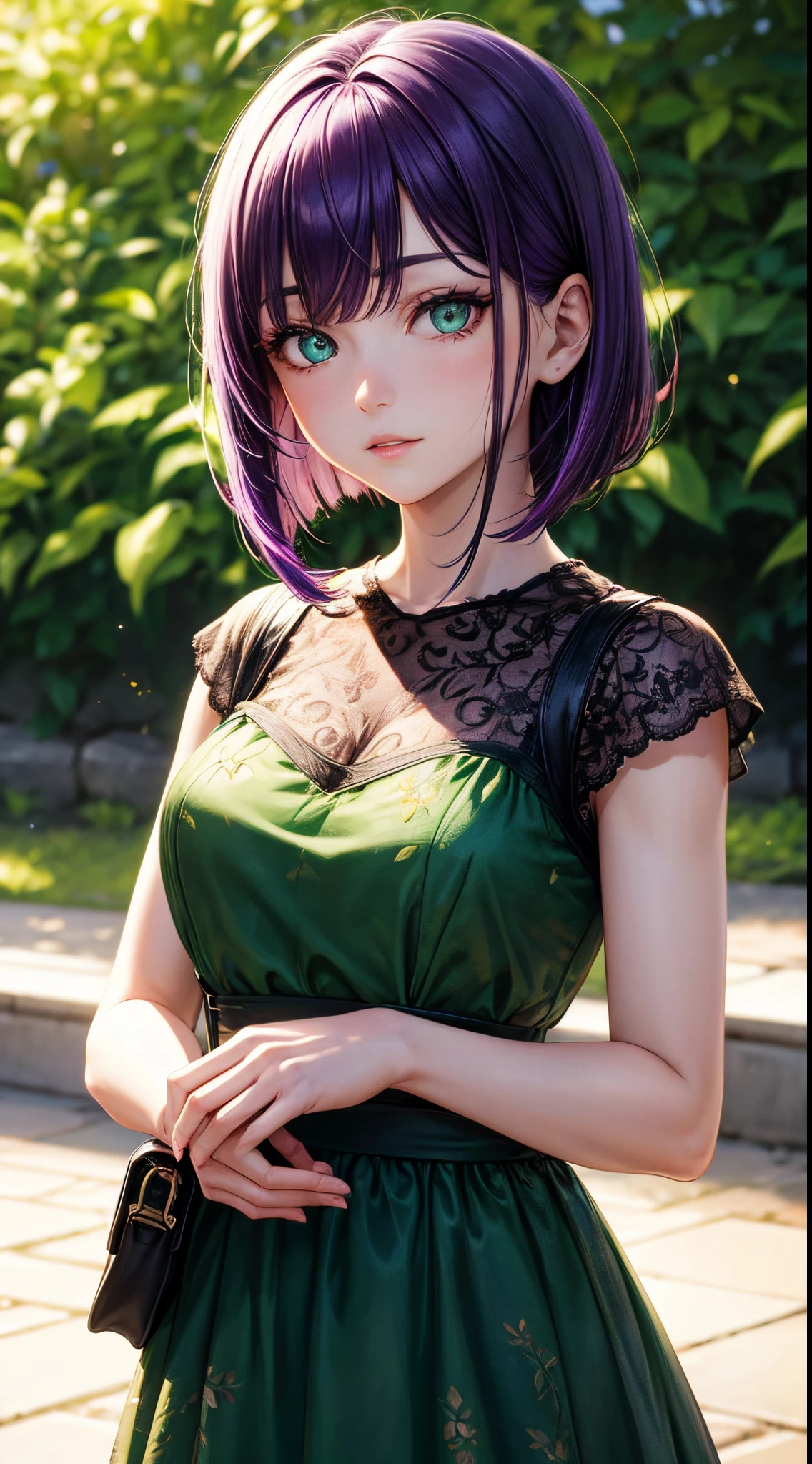 ratte867, 1girl, solo, (forest green hair:1.2), Asymmetrical haircut, (violet clothes:1.2) masterpiece, best quality, photorealistic, realistic, (RAW photo, 8k uhd, film grain), caustics, subsurface scattering