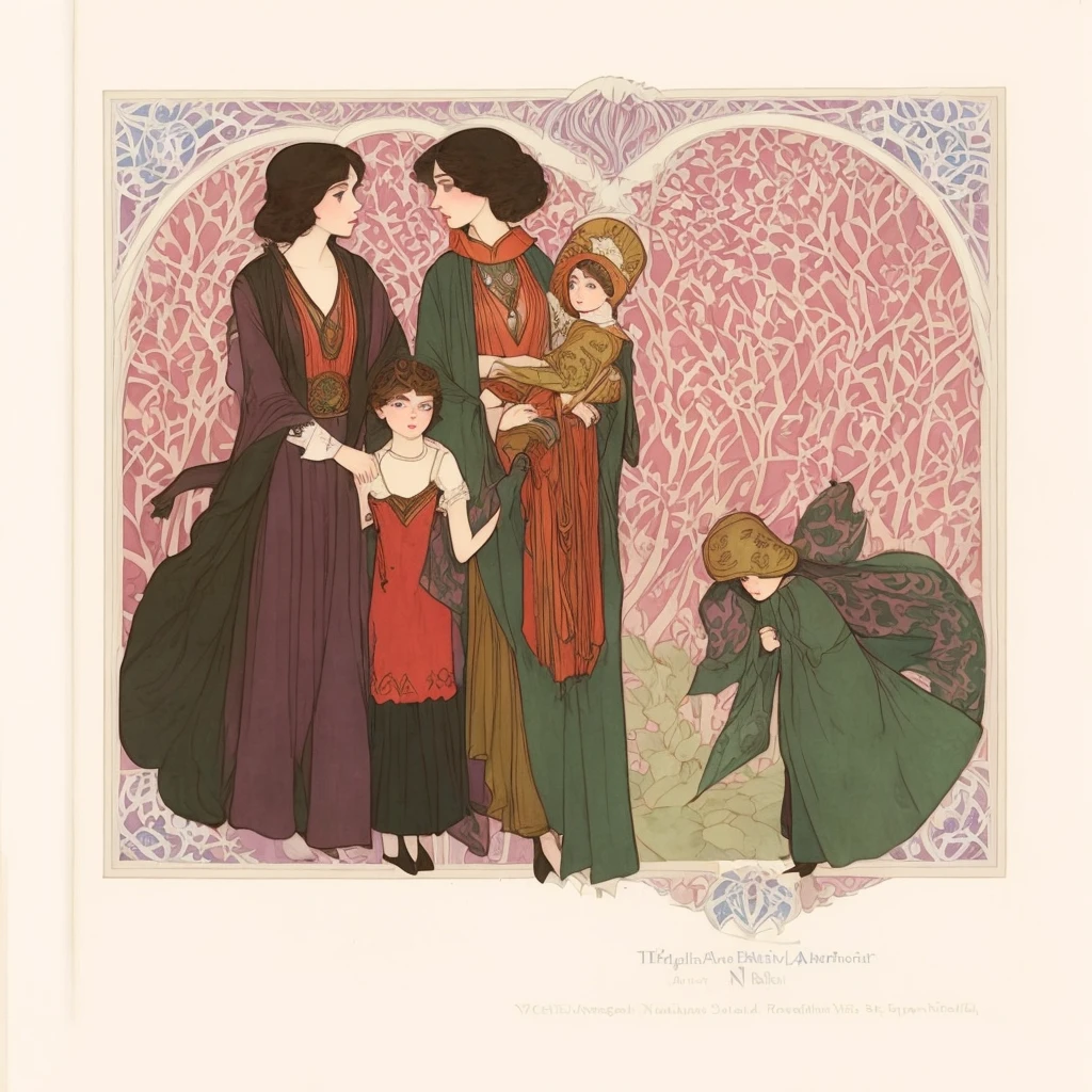 There is a picture of a woman and a child, Inspired by George Barbir, author：George Barbir, vignet, Ikat, dulac, author：Niels von Duddell, author：Raphael Kirchner, art nouveau illustration, illustration”, vignet, Eugene Gasseter, Inspired by Eugene Grasse