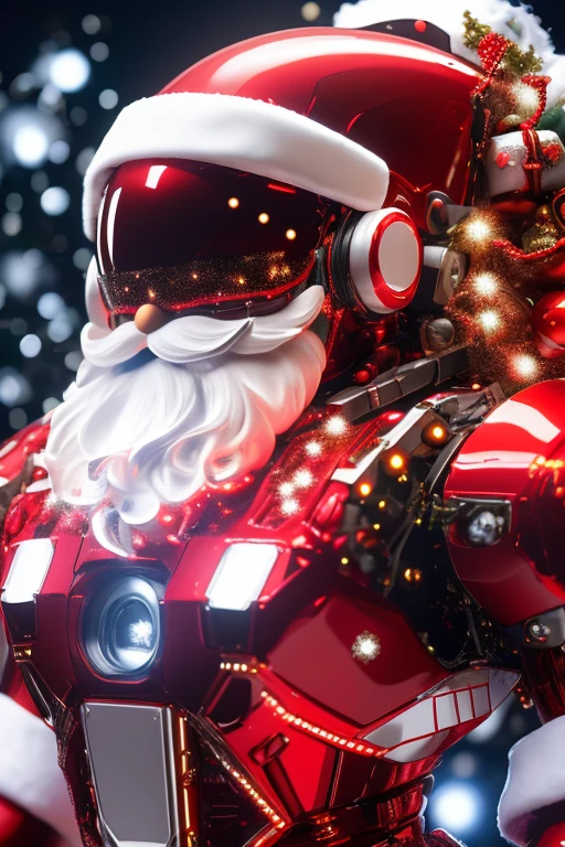 Robot Santa, Futuristic mechanical design，Combining elements of traditional Santa Claus with advanced technology. The robot may have a sleek metal body, Illuminated LED light, and a robotic arm that can efficiently distribute gifts.. It could have a digital display on its face，Imitate Santa&#39;s expression of joy and kindness. The scene can be set in a high-tech workshop full of automated machinery and conveyor belts, Robot Santa is busy preparing and sorting gifts for delivery. This futuristic twist on the traditional Santa Claus blends the magic of Christmas with the innovations of modern technology.
