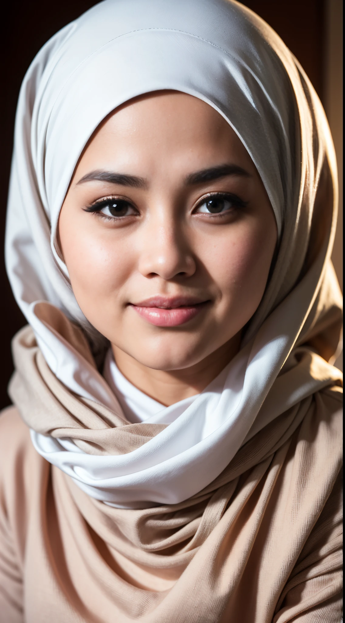 1 malay girl , modern plain hijab, shy, medium portrait shot , watery eyes ,lip watery, lip glossy, open mounth, ((big breast)), 1 Malay girl, modern plain hijab, shy, medium portrait, watery eyes, RAW, Best quality, high resolution, masterpiece: 1.3), beautiful Malay woman in hijap:0.8),perfect nose,perfect lips, perfect eyes, detail :1.2), big breast, beautifull face, soft smile,Beautiful woman wearing a hijap, a woman in a beige dress and a white scarf, hijab, jessica kumala wongso, Beutifull girl, lovely smile, lovely woman, with lovely look, with a beautifull smile, cute beautiful,((close up))