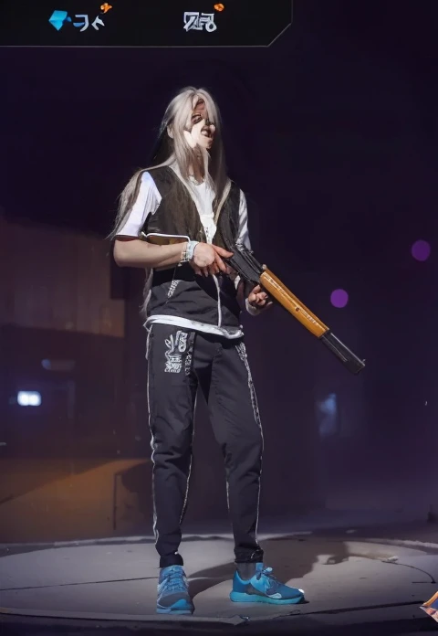 Beach，Look up，long white hair，Full body, Dark、Looking at the camera、