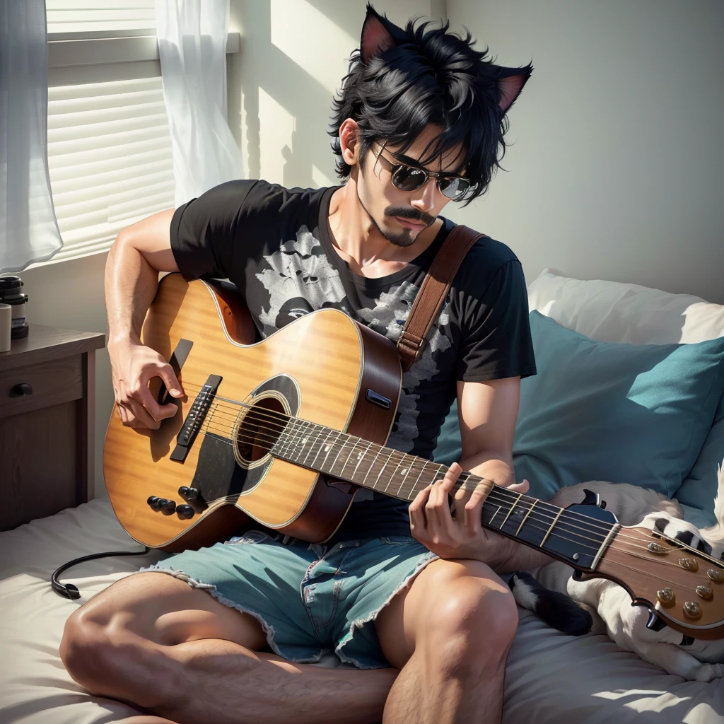 25-year-old male&#39;short detailed hair，with short black hair，Very handsome，tall nose bridge，There are muscle lines，Wear short sleeves and shorts，In one room，dim murky lights，Sit on the edge of the bed and play the guitar，The cat is lying on his shoulder，like japanese male star，With sunglasses，thick mustache