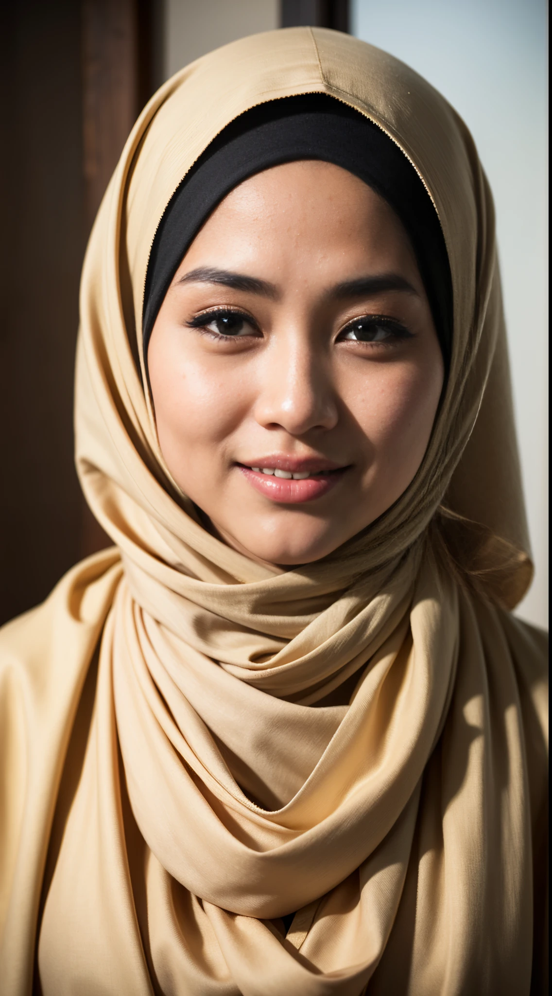 1 malay girl , modern plain hijab,  shy, medium portrait shot , watery  eyes ,lip watery, lip glossy, open mounth, big breast, 1 Malay girl, modern plain hijab, shy, medium portrait, watery eyes, RAW, Best quality, high resolution, masterpiece: 1.3), beautiful Malay woman in hijap:0.8),perfect nose,perfect lips, perfect eyes, detail :1.2), beautifull face, soft smile,Beautiful woman wearing a hijap,  a woman in a yellow dress and a white scarf,  hijab, jessica kumala wongso, Beutifull girl, lovely smile, lovely woman, with lovely look, with a beautifull smile, cute beautiful,((close up))