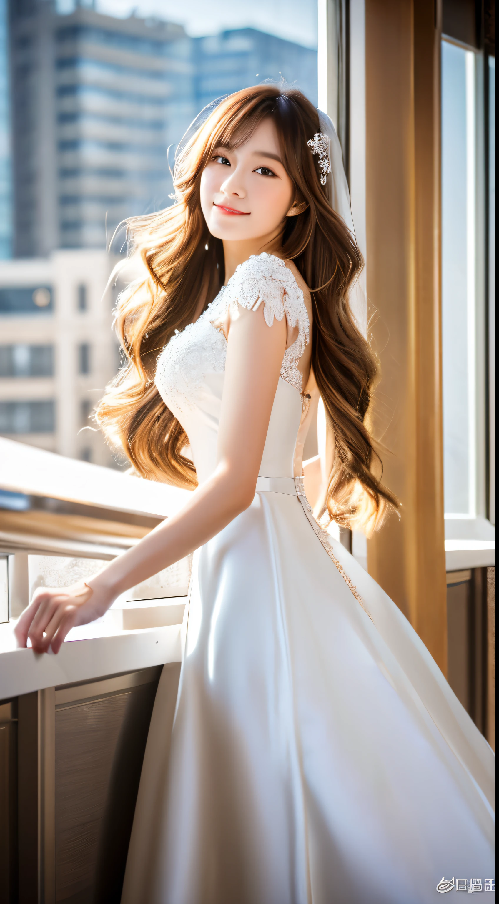 high-definition picture,(masutepiece), (Best Quality), (ultra-detailliert),(beautiful hairl),(1girl in), (white wedding dress set),Focus on Face,beautiful faces detailed, fullbody image,Fashion Model, Looking at Viewer, (Detail of New York cityscape overlooking skyscrapers from rooftop),Beautiful detailed eyes, Delicate beautiful face, (High color saturation),(Shining), Focus on Face, long chestnut hair,   (Shining), There is a warm atmosphere in the air,Best full body photo of wedding dress,　About Super Beauties,