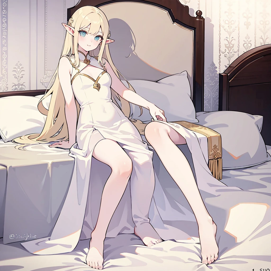 (photorealistic:1.4), (masterpiece, sidelighting, finely detailed beautiful eyes: 1.2) A photo of sexy beautiful elf female flexing warrior full body close-up shot looking to the viewer, top quality, high quality, high definition, 4K, inside a bedroom background, bed, pillow, sheet, barefoot