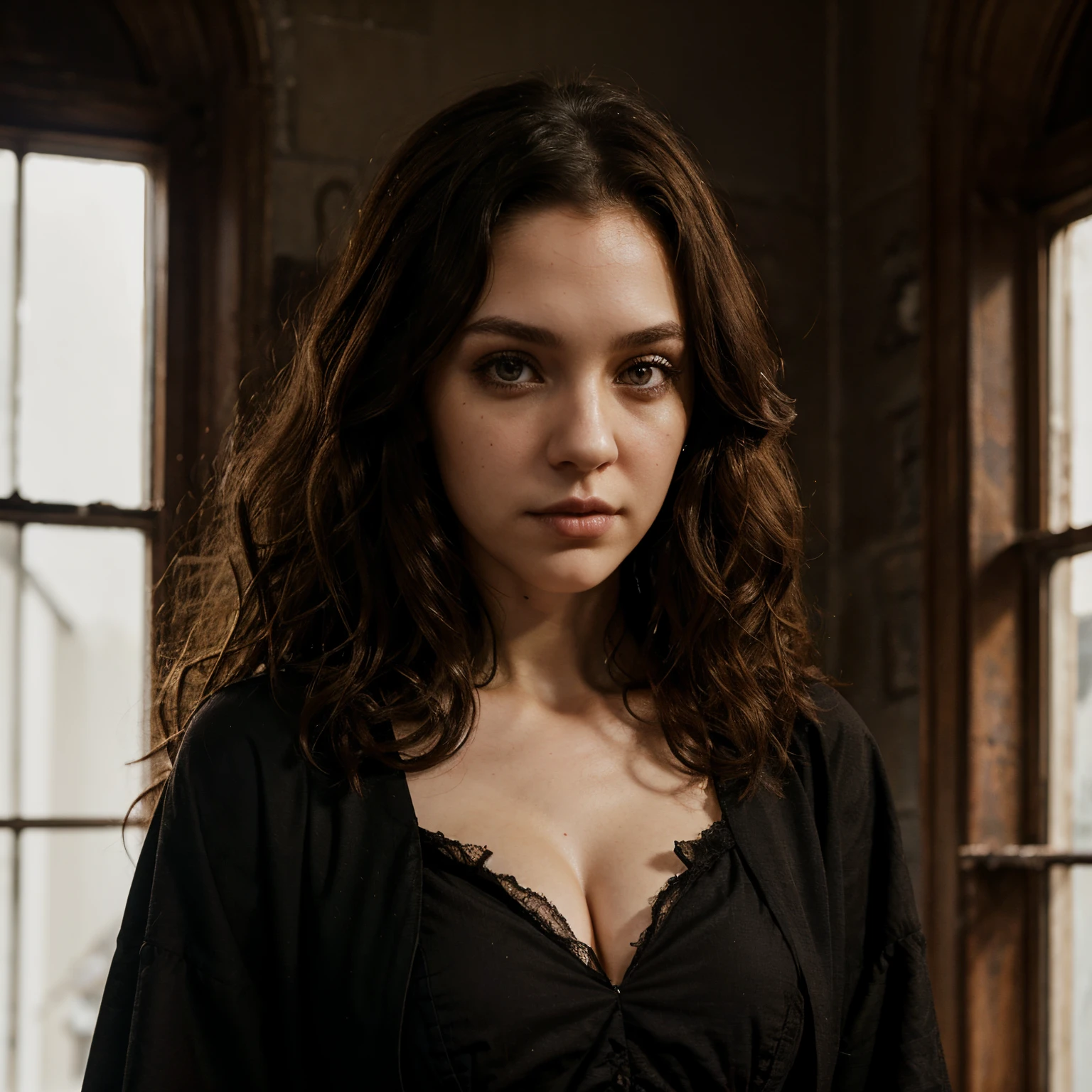 Tall girl, white skin, curly hair, dark brown eyes, light brown eyes, gothic clothes, and she is a murderer. She has things like injections to give poisons.