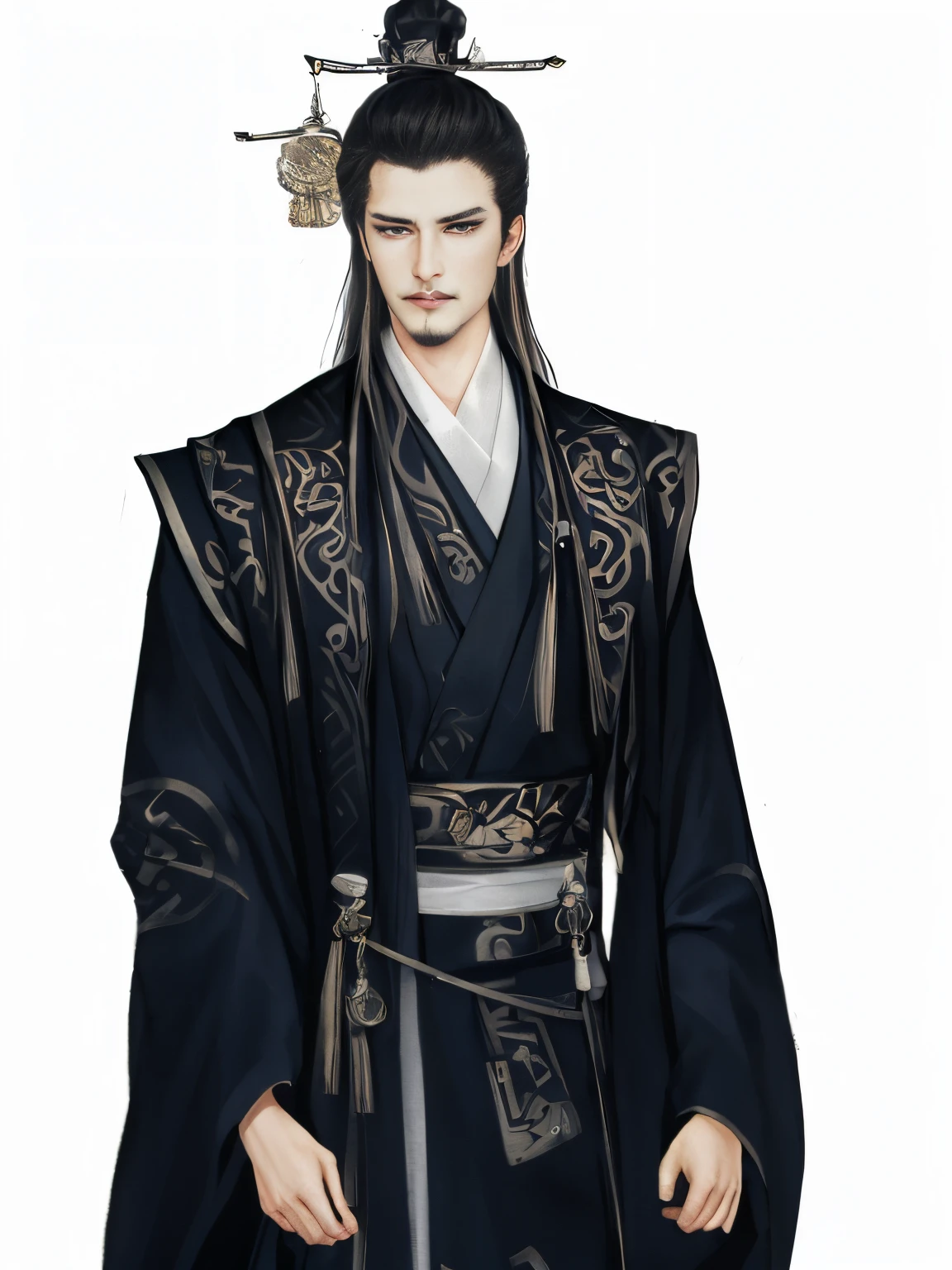 Best quality，tmasterpiece，very detailed wallpaper，1 domineering man，cabelos preto and longolackn clothes，short mustache，Ranger，Detailed faces，Hua looked at the audience，Hanfu，超高分辨率，  white backgrounid，correct hand，fix the hand