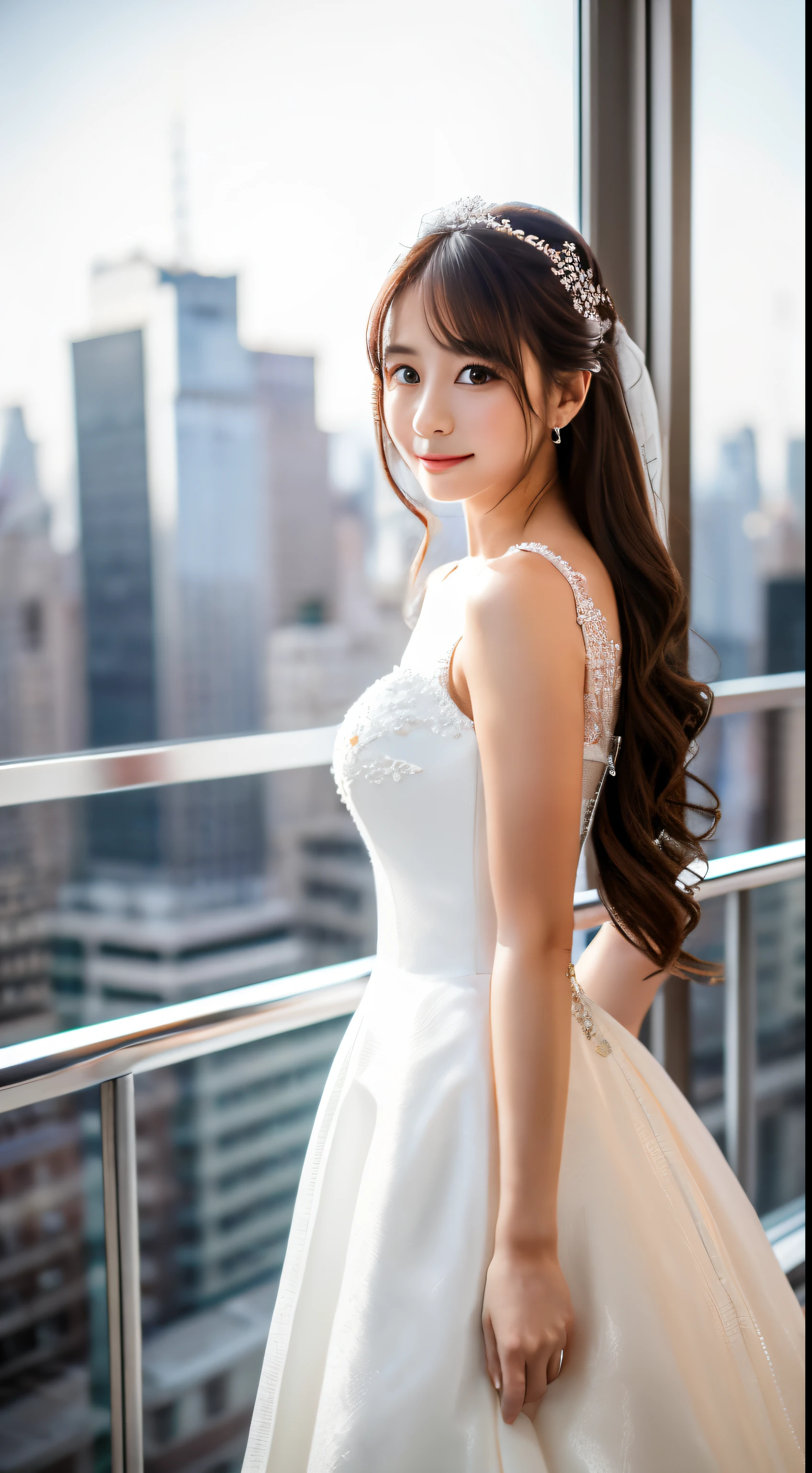 high-definition picture,(masutepiece), (Best Quality), (ultra-detailliert),(beautiful hairl),(1girl in), (white wedding dress set), fullbody image,Fashion Model, Looking at Viewer, (Detail of New York cityscape overlooking skyscrapers from rooftop),Beautiful detailed eyes, Delicate beautiful face, (High color saturation),(Shining), Focus on Face, long chestnut hair, (Shining), There is a warm atmosphere in the air,Best full body photo of wedding dress, More about super beauties,