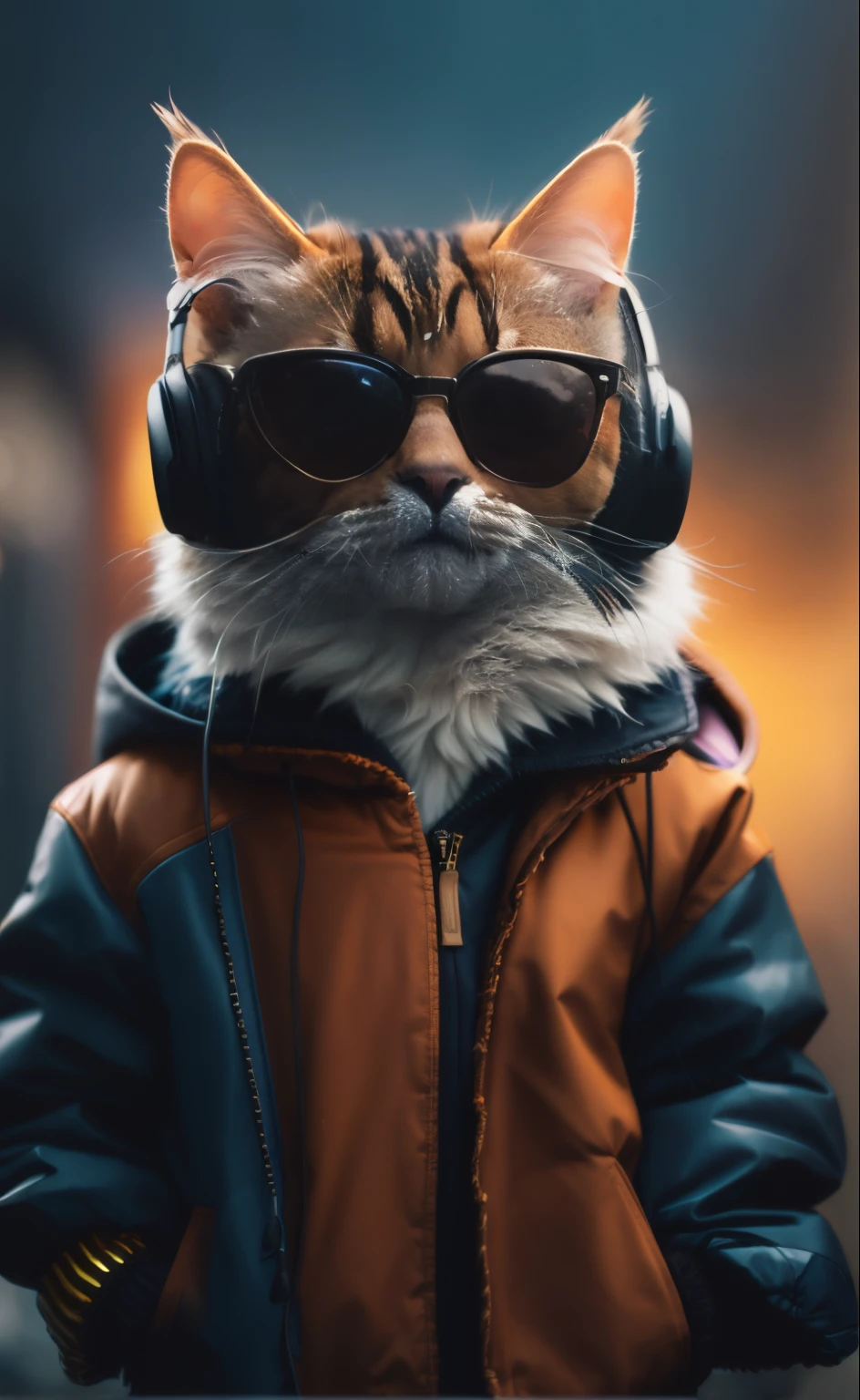 Husband wears sunglasses、jaket、Hoodie and headphones, Looks cool and stylish, beast in fashionable clothes, cyberpunk cat, great cat, furry artist, Wearing cat ear headphones, High-quality portraits, Furry cat, high-quality wallpaper, lofi portrait, human cat, portrait shooting, Portrait of a furry man, Everyday attire,Playing electric guitar