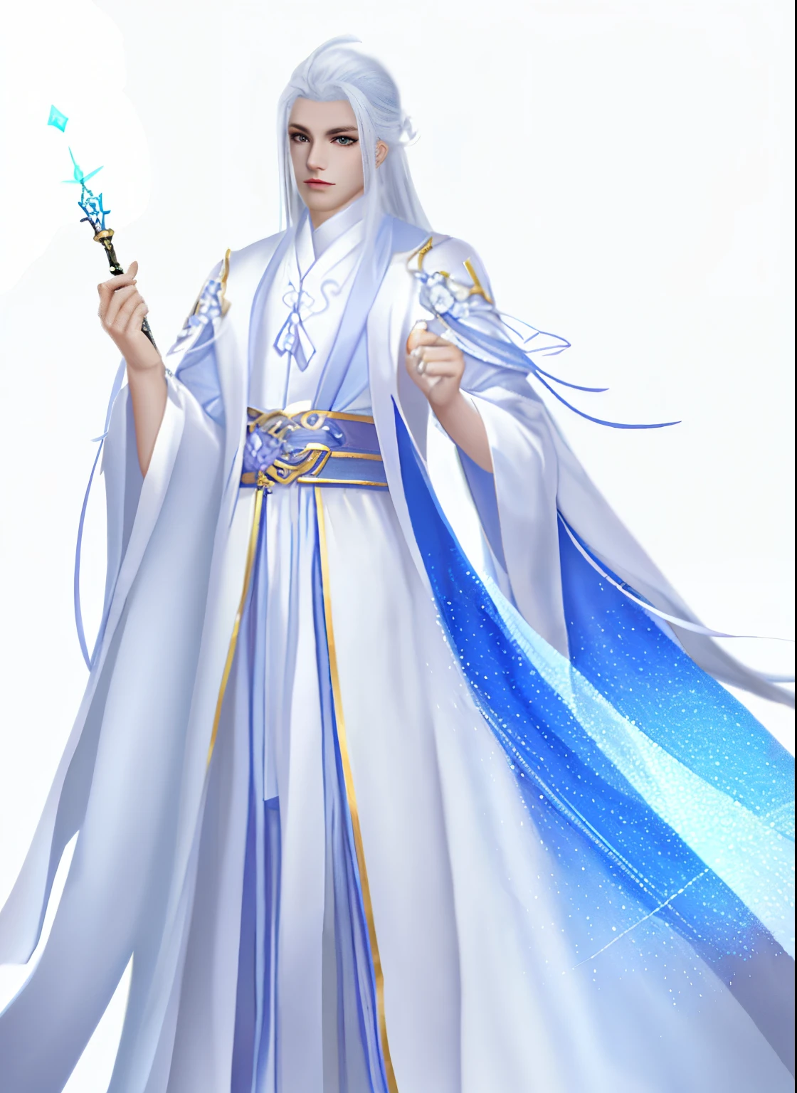 Wallpaper of a man wearing white and blue clothes,sharp look，Eye focus，Overbearing man， heise jinyao, full body xianxia, Cotton Mist Mage Robes, Exquisite androgynous prince, Inspired by Bian Shoumin, cloud mage robes, Inspired by Huang Shen, Wearing the robes of a Star Mage, skinny male mage, skinny male fantasy alchemist, Flowing magic robes，white backgrounid，