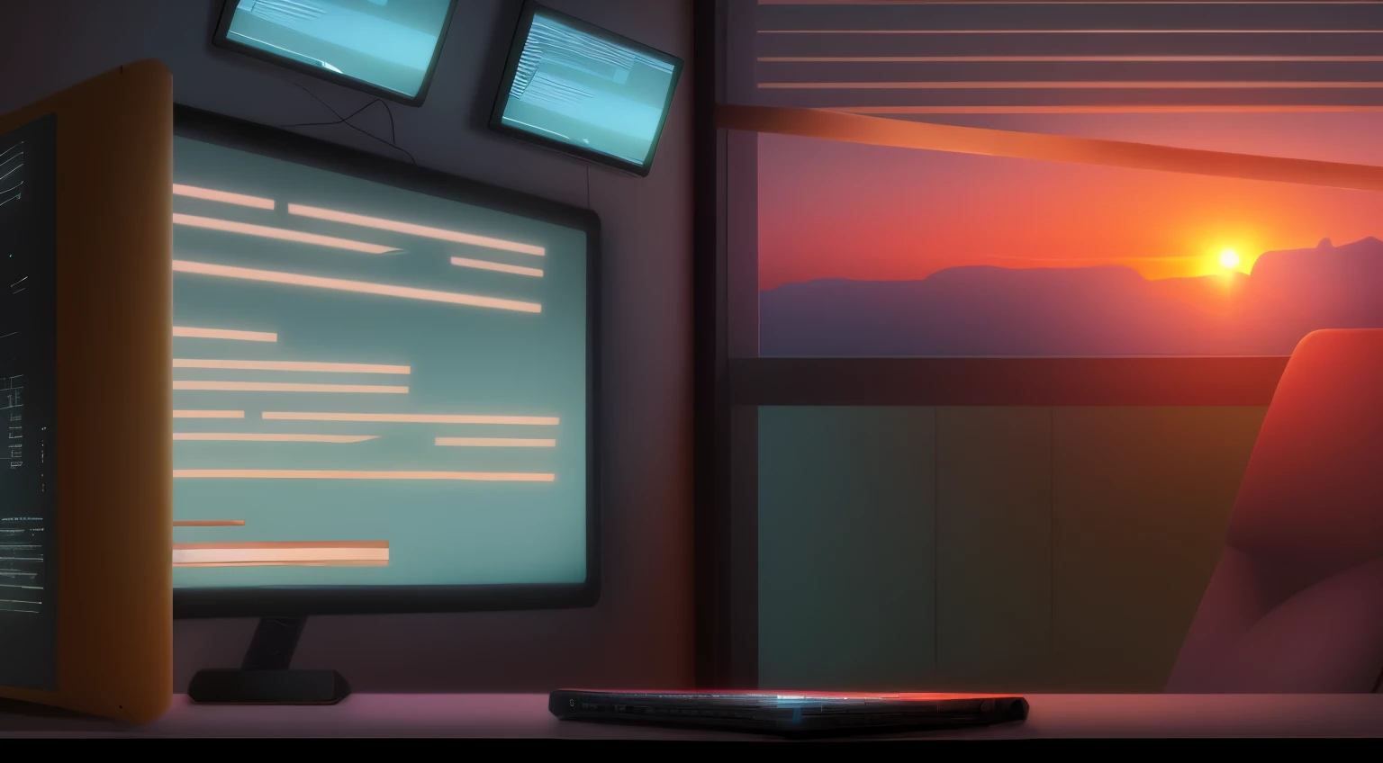 hacker's workplace, hacker's office. There is a window, outside the window there is sunset.
