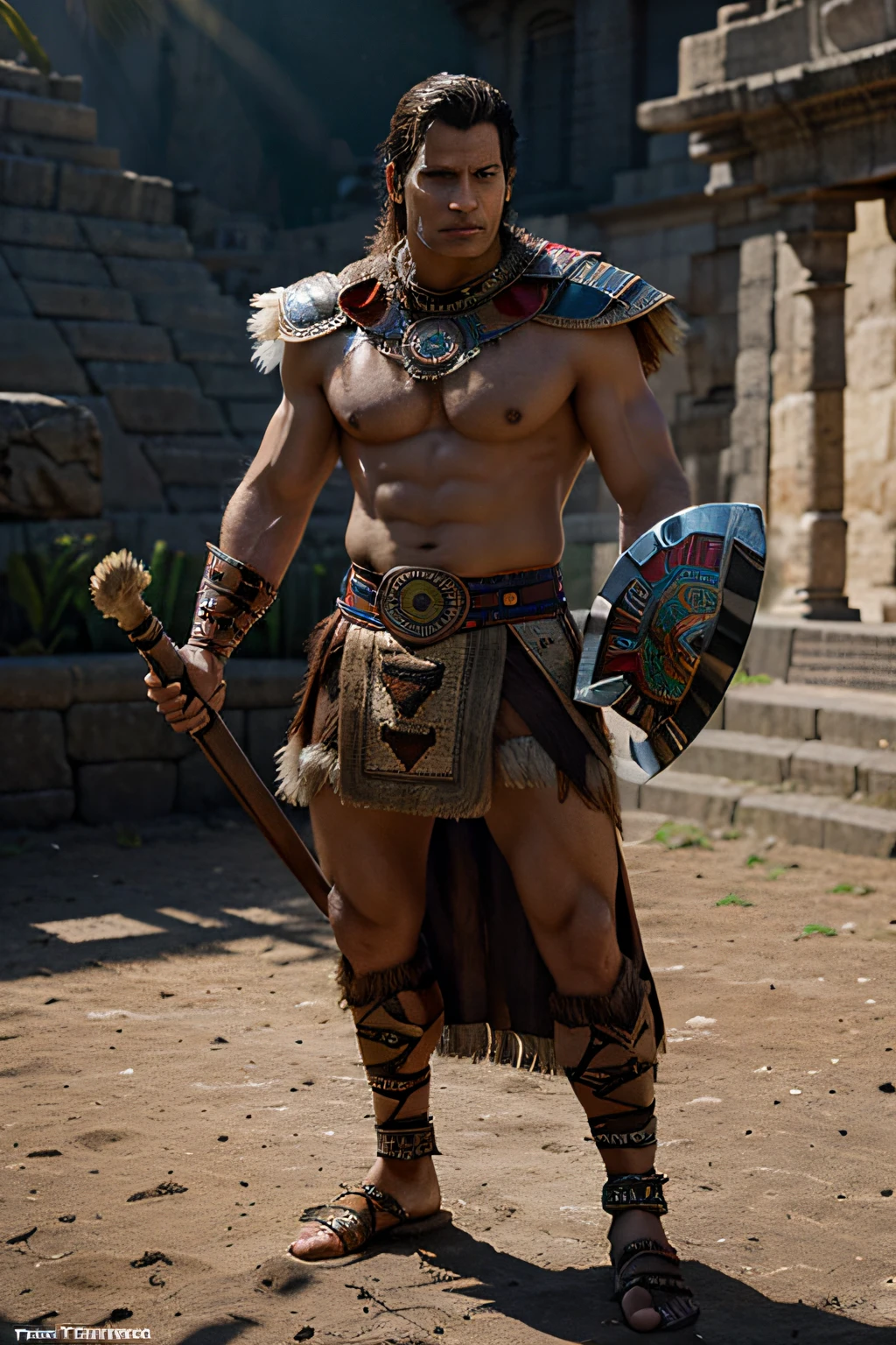 Henry Cavill as an aztec jagguar warrior, raised macuahuitl in his right hand, feathered shield in his left hand, detailed clothing, digital painting, hyperrealistic, fantasy,full body, by Trent Kaniuga, ,highly detailed, sharp focus, ciematic lighting, in the backround is Tenochtitlan