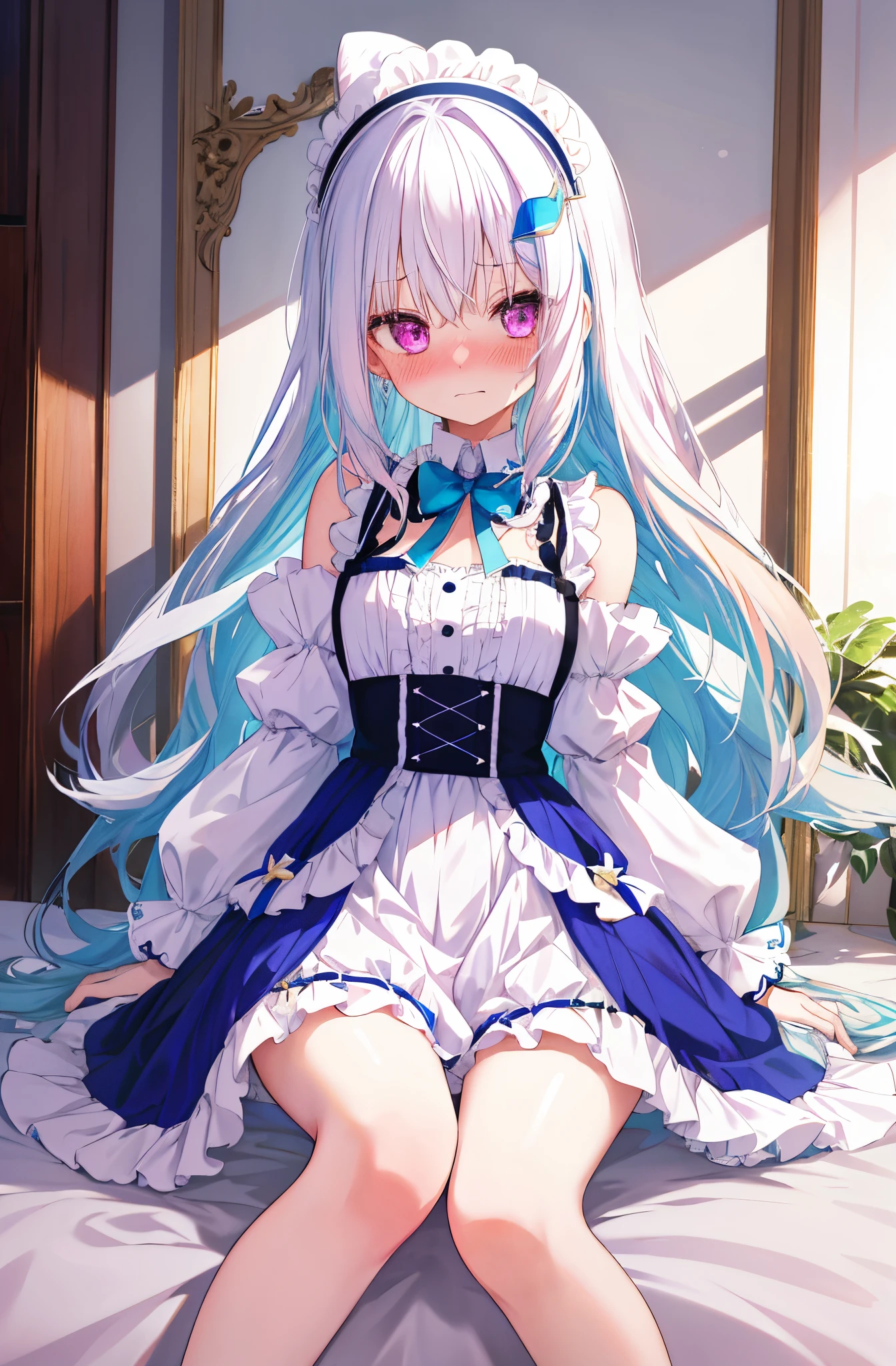 One girl with long hair, white hair, (blue inner hair:1.25) , purple eyes, looking at viewer, blushing, embarrassed, (embarrassed:1.2), ****ta dress, indoor, pink bedroom, bunny headband, slim, dizzy, mid-chest, wide hips, perfect waist, day atmosphere, hair ornament, bare legs, sitting, kneeling pose