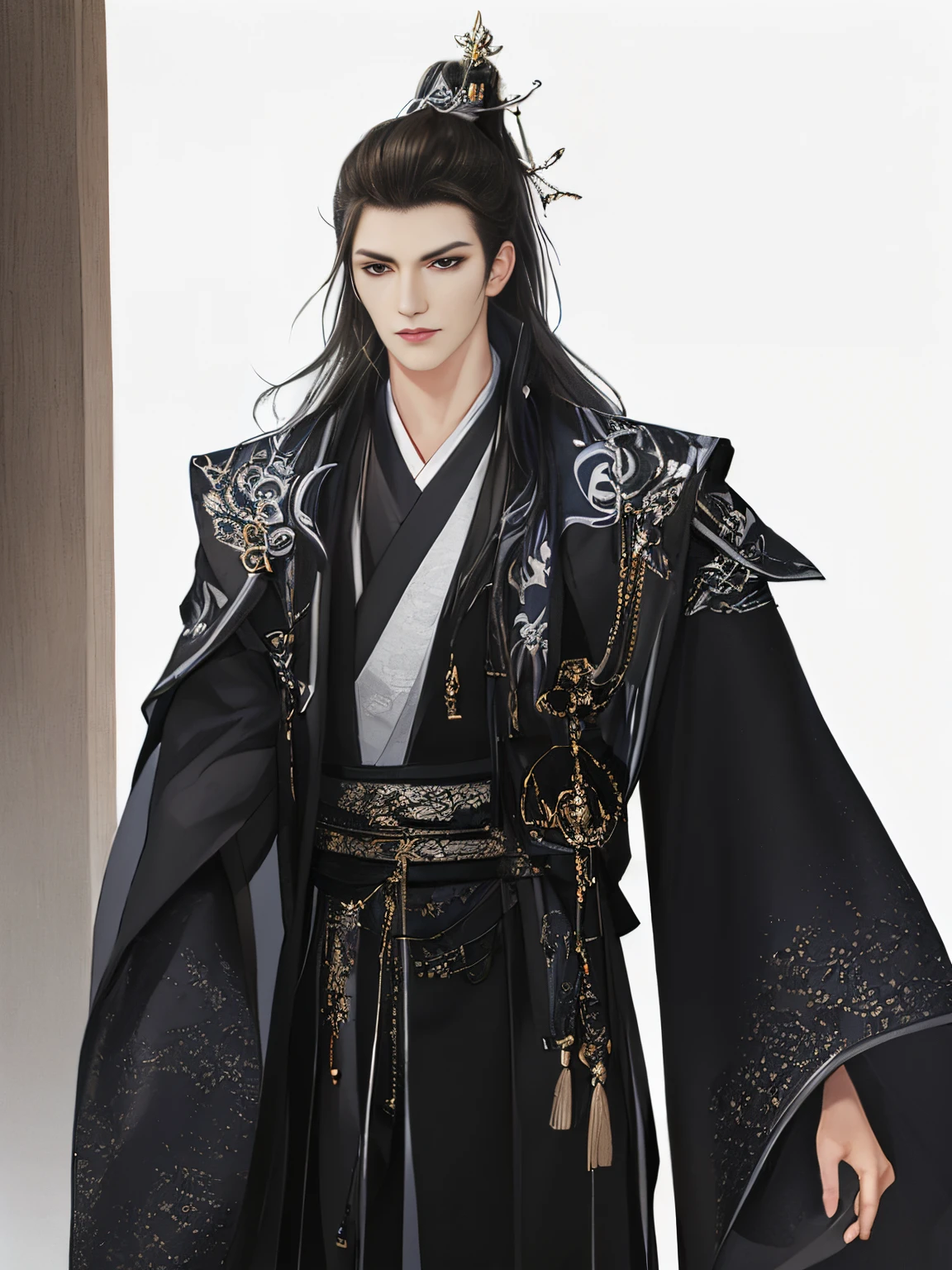 Best quality at best,tmasterpiece,very detailed wallpaper,1 domineering man,cabelos preto and longolackn clothes,Ranger,Detailed faces,Hua looked at the audience,Hanfu,超高分辨率, hair adornments, white backgrounid,