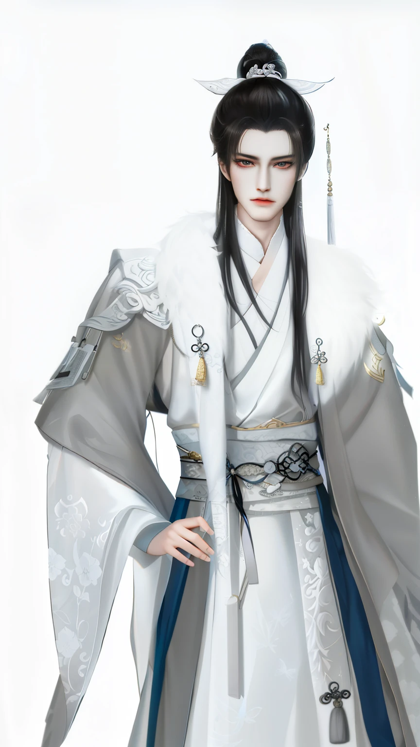 Wallpaper of a man wearing white and gray clothes, heise jinyao, inspired by Guan Daosheng, Inspired by Bian Shoumin, Beautiful prince, inspired by Zhang Han, The exquisite prince, inspired by Wu Bin, full body xianxia, author：heroes, zhao yun, inspired by Zhao Yuan，Gray mink collar，Eye focus，sharp look，white backgrounid，