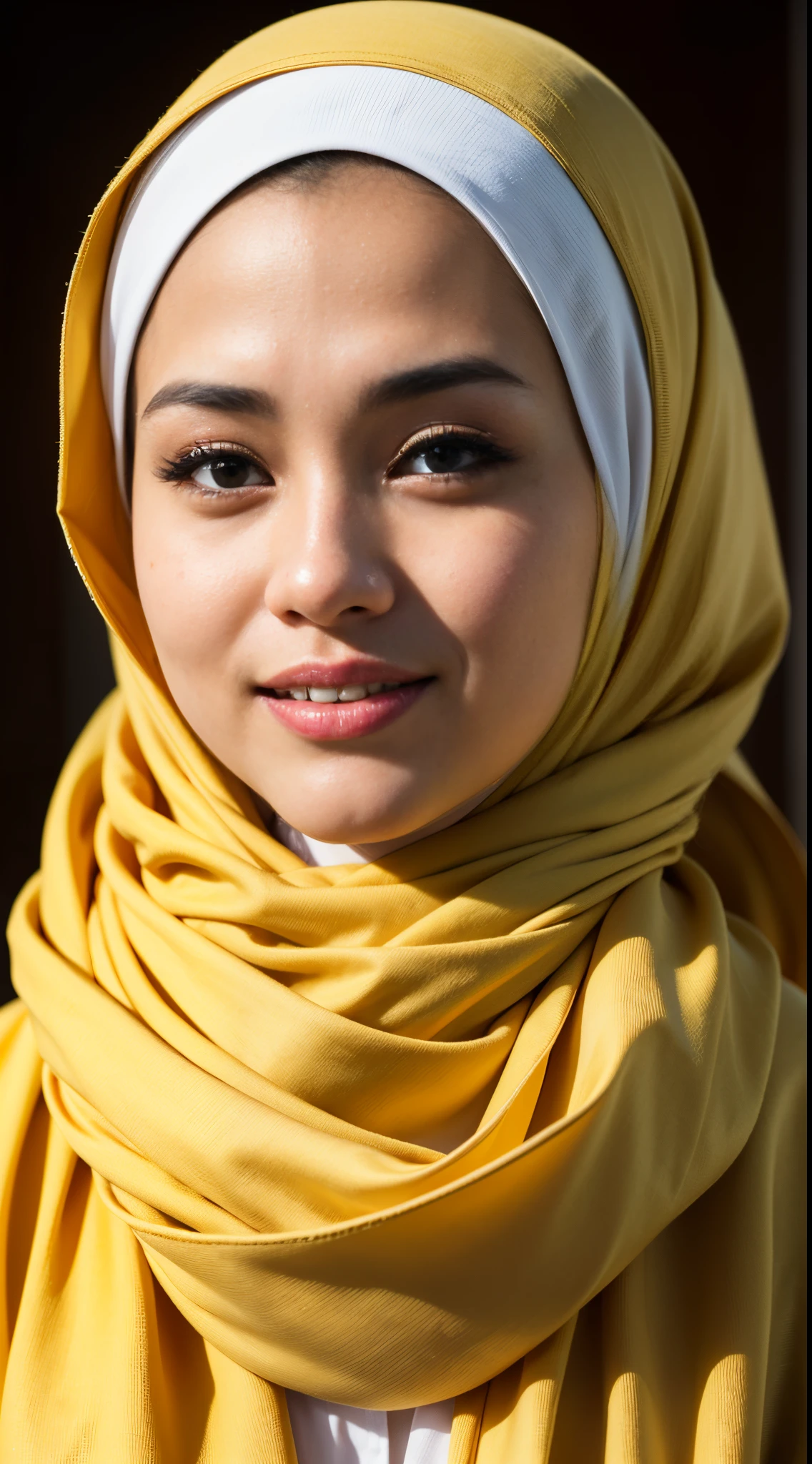 1 malay girl , modern plain hijab,  shy, medium portrait shot , watery  eyes ,lip watery, lip glossy, open mounth, big breast, 1 Malay girl, modern plain hijab, shy, medium portrait, watery eyes, RAW, Best quality, high resolution, masterpiece: 1.3), beautiful Malay woman in hijap:0.8),perfect nose,perfect lips, perfect eyes, detail :1.2), beautifull face, soft smile,Beautiful woman wearing a hijap,  a woman in a yellow dress and a white scarf,  hijab, jessica kumala wongso, Beutifull girl, lovely smile, lovely woman, with lovely look, with a beautifull smile, cute beautiful,((close up)),(bright lighting)