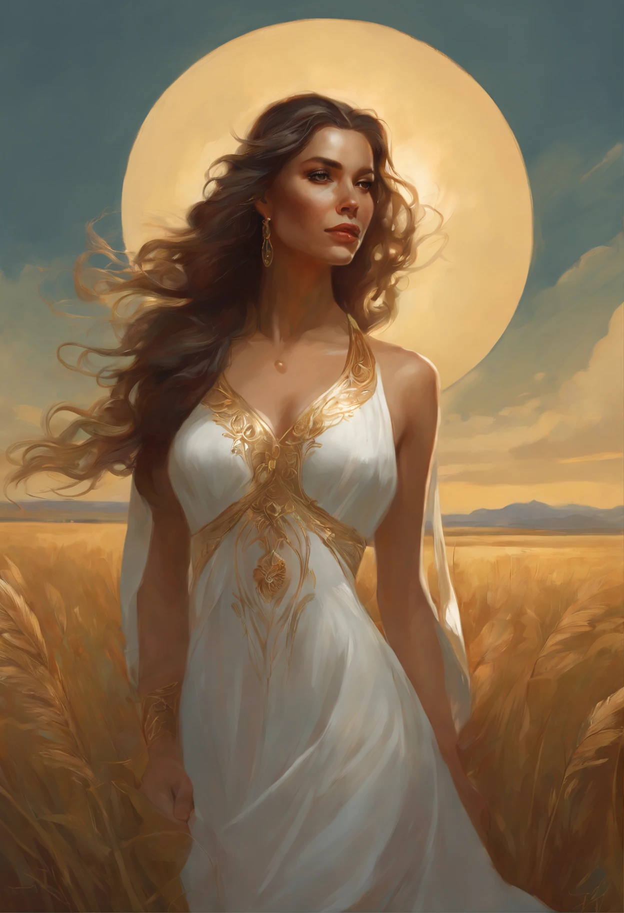 a painting: a woman in a white dress, standing in the field., Peter Mohrbacher Digital Art, Peter Morbacher style, rob rey, Peter Morbacher's Art Style, Peter Morbacher's style, Peter Morbacher'', Петер Морбахер C 2 0, charlie bowater character art, goddess of light, by Peter Mohrbacher