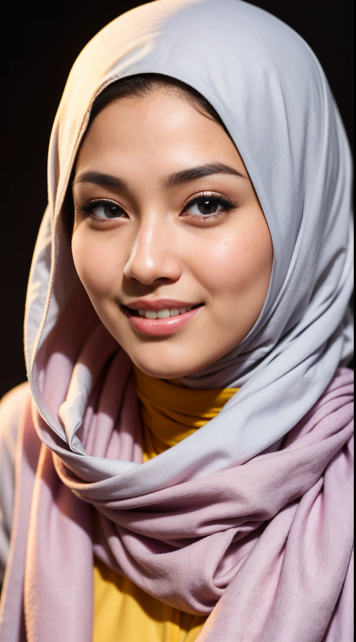 1 malay girl , modern plain hijab,  shy, medium portrait shot , watery  eyes ,lip watery, lip glossy, open mounth, big breast, 1 Malay girl, modern plain hijab, shy, medium portrait, watery eyes, RAW, Best quality, high resolution, masterpiece: 1.3), beautiful Malay woman in hijap:0.8),perfect nose,perfect lips, perfect eyes, detail :1.2), beautifull face, soft smile,Beautiful woman wearing a hijap,  a woman in a yellow dress and a white scarf,  hijab, jessica kumala wongso, Beutifull girl, lovely smile, lovely woman, with lovely look, with a beautifull smile, cute beautiful,((close up)),(bright lighting)