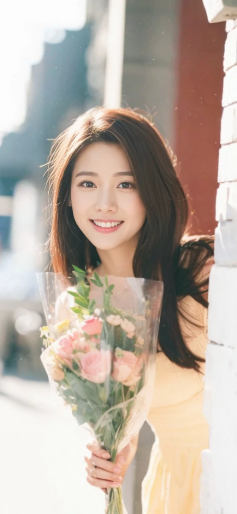 (On a table, Best quality, realistically, ultra - detailed, meticuloso, A high resolution, 8k wallpaper), Close-up portrait of a beautiful woman, Chariada, Smiling, light brown messy hair, Perfect dynamic composition, 美丽meticuloso的眼睛, Just like the cover of a fashion magazine, On campus