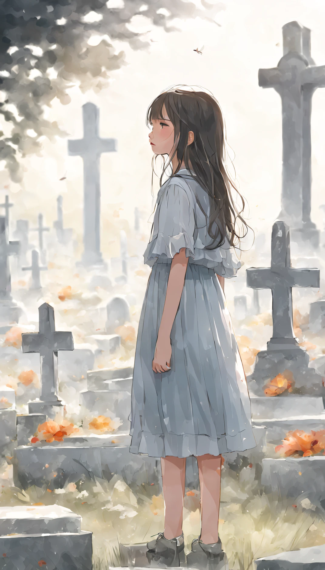 ( girls), (Petite), A girl standing in front of a grave and crying, It is a breathtaking beauty that makes you feel the pulse of life.,