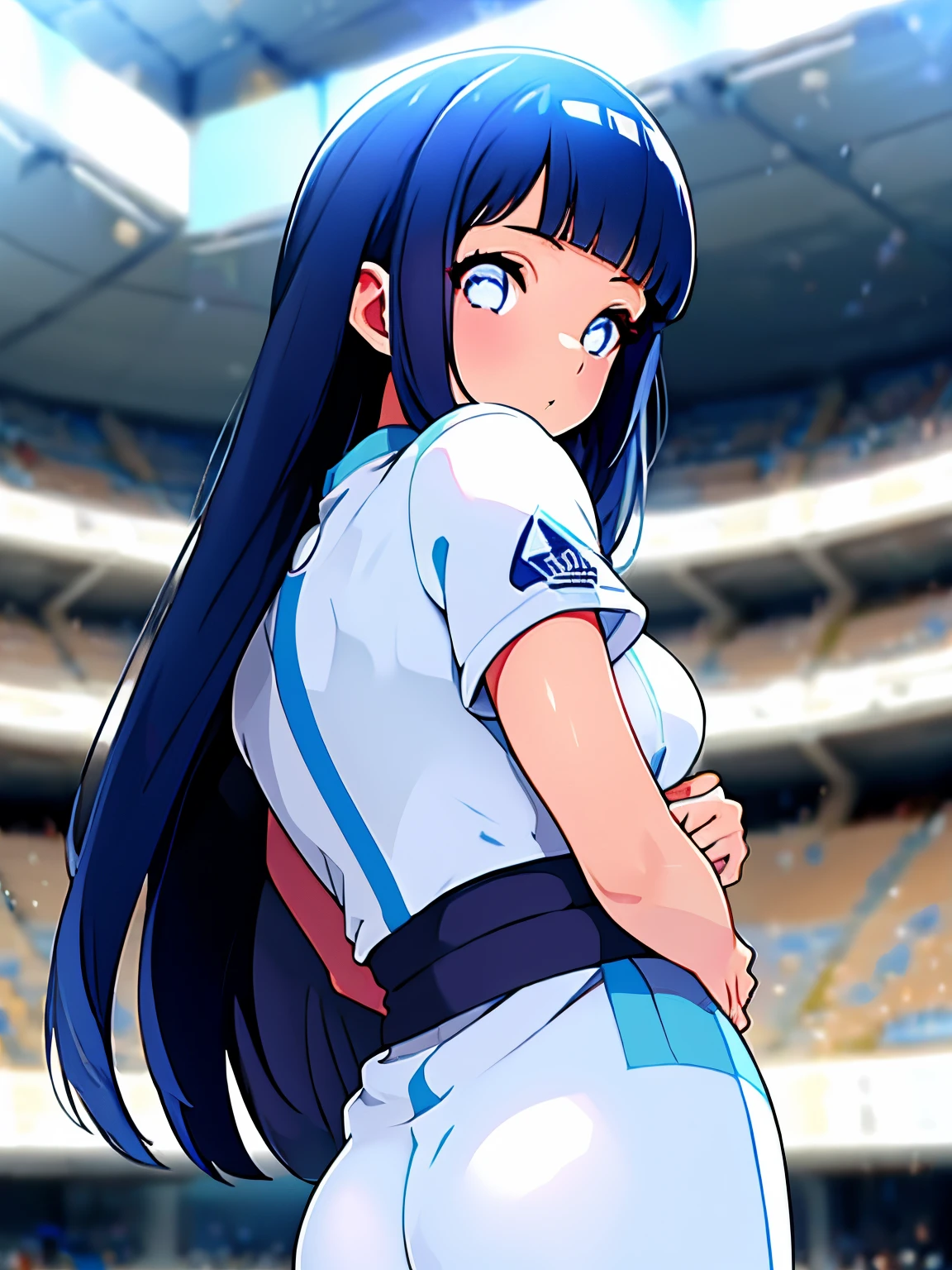 una chica de cabello azul, ojos blancos, cabello largo, pelo color azul, exelente cuerpo, anatomia perfecta, jugando futbol, usando la jersey del napoles, en un estadio de futbol, jersey color azul, equipacion del napoles fc,